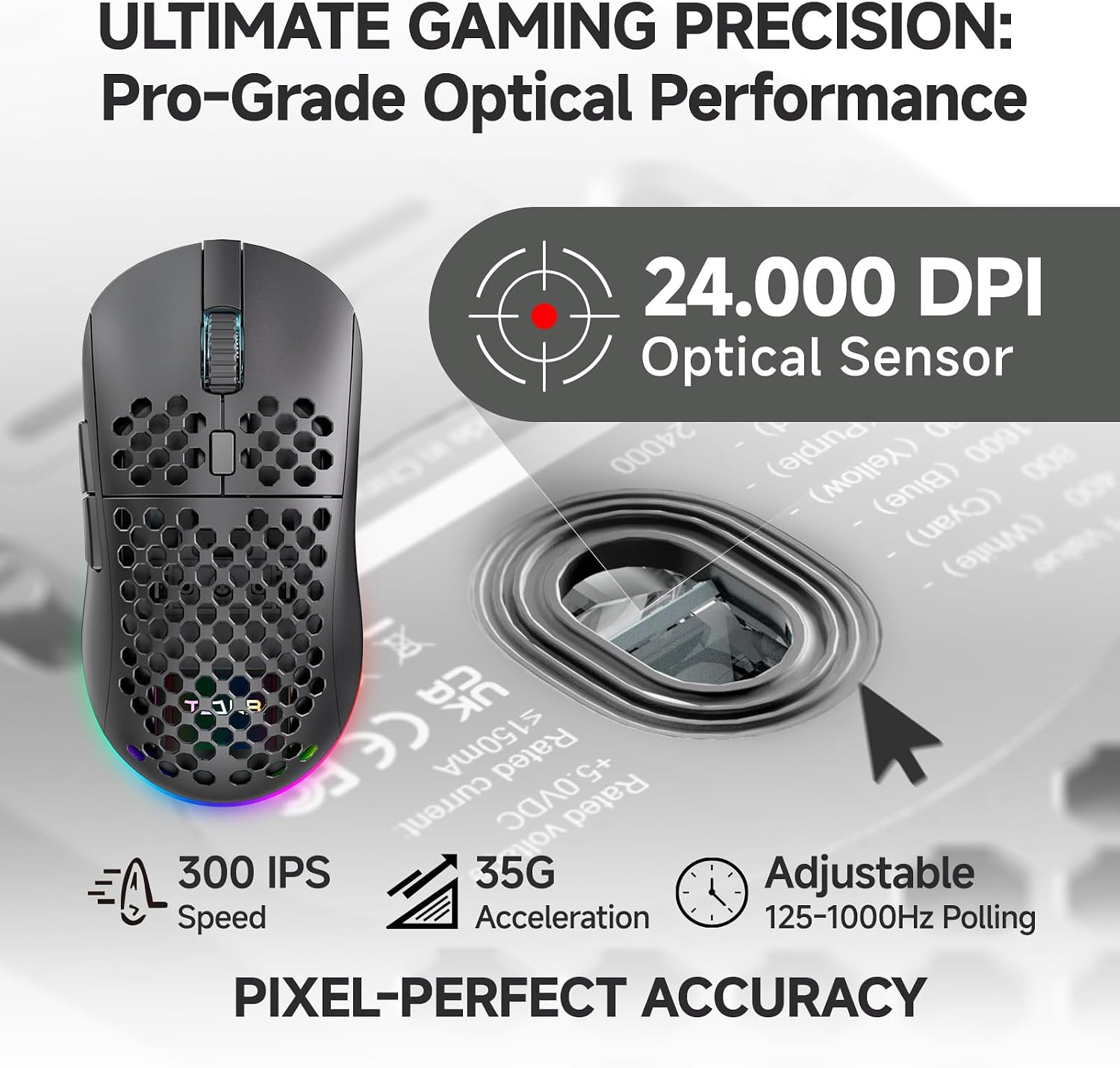 Detalle de TMKB Wireless Gaming Mouse, 24,000 DPI, Tri-Mode Connectivity, 180-Hour Battery