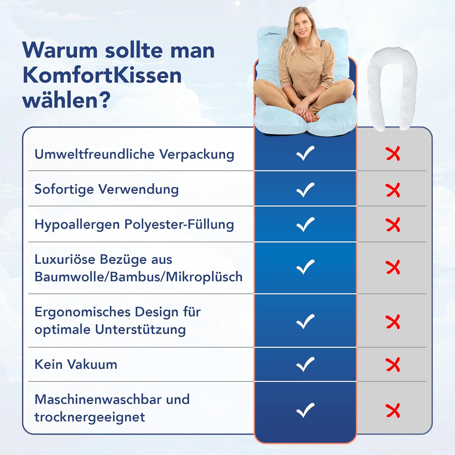 Thumbnail 3 de MKS Seitenschläferkissen mit Bezug 100 x 150 cm – Komfortkissen für ergonomischen Schlaf