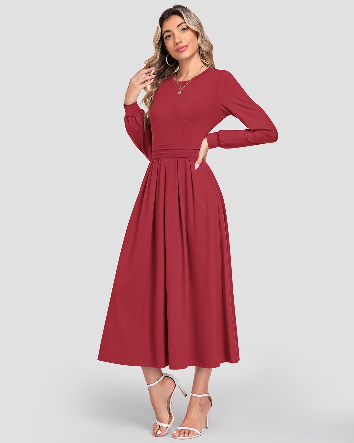 Detalle de MOLERANI Women's Long Sleeve Maxi Dress, High-Waist A-Line with Pockets