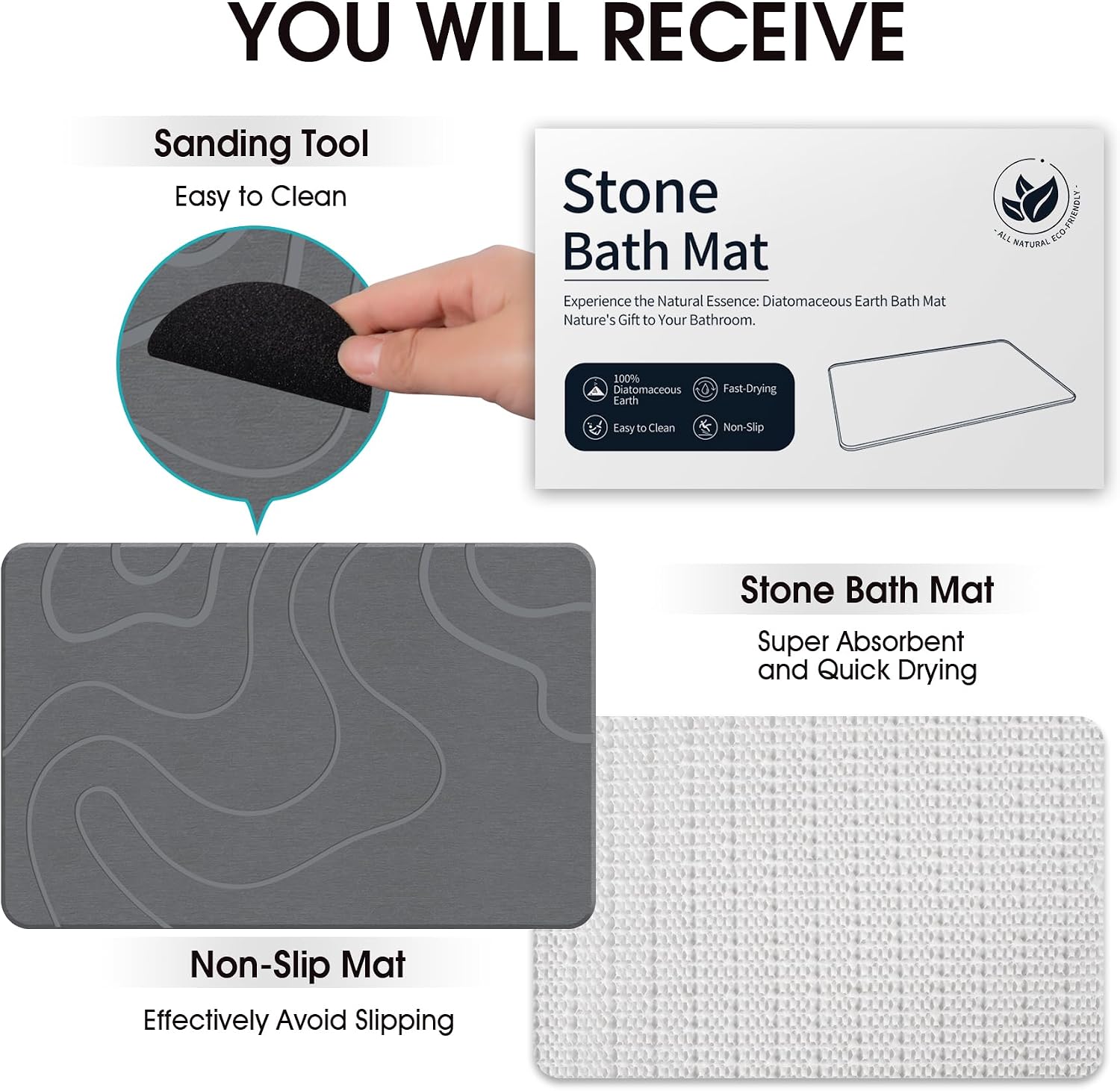 Thumbnail 5 de ZIKIBL Stone Bath Mat: Diatomaceous Earth Non-Slip, Quick-Drying 24" x 16" in Grey