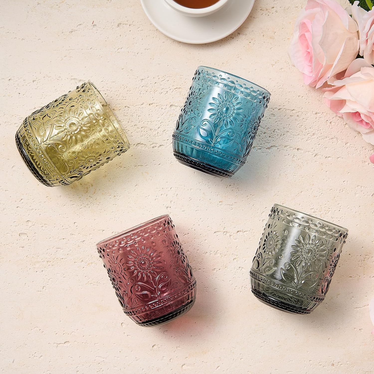 Detalle de MYQYBRO Vintage Glassware: 4-Pack 12oz Embossed Floral Drinking Glasses