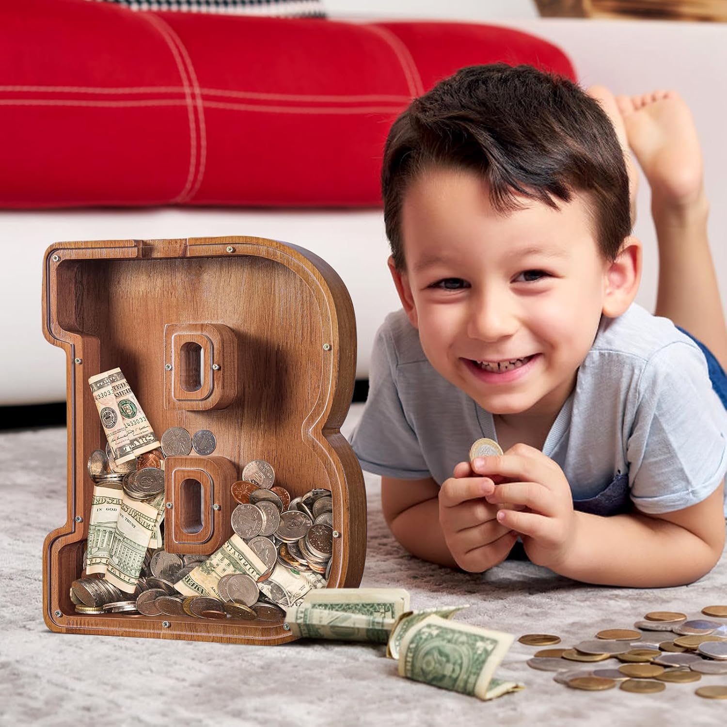 Thumbnail 4 de Summidate Large Wooden Piggy Bank with Personalized Initials and Laser-Engraved Name