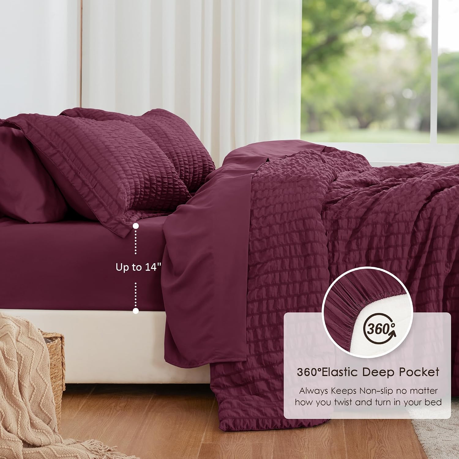 Thumbnail 2 de Love's cabin Seersucker Burgundy King Size Comforter Set — 7-Piece All Season Bed in a Bag