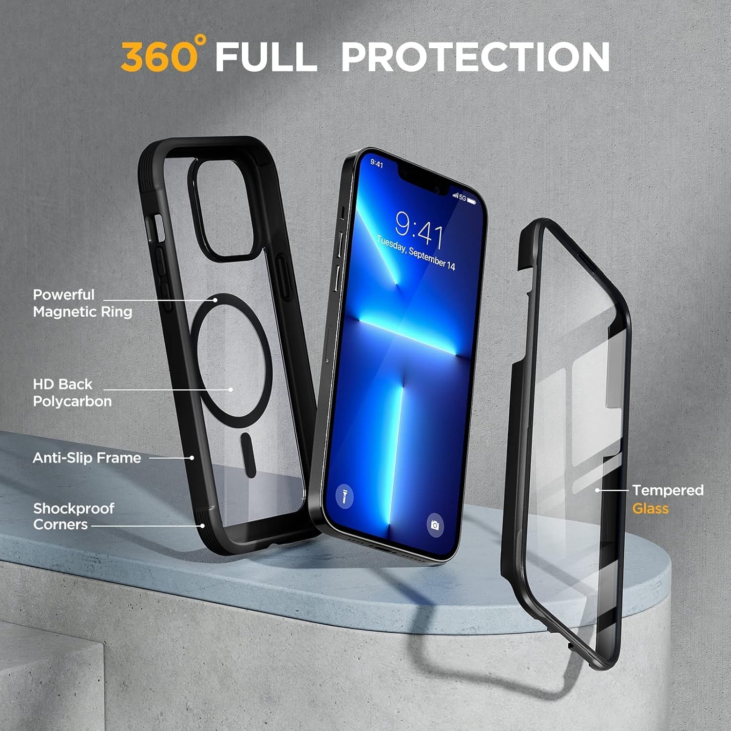 Thumbnail 3 de Miracase Magnetic Case for iPhone 13 Pro Max (6.7-inch) with built-in 9H tempered glass screen protector, clear back, MagSafe compatible (Black)