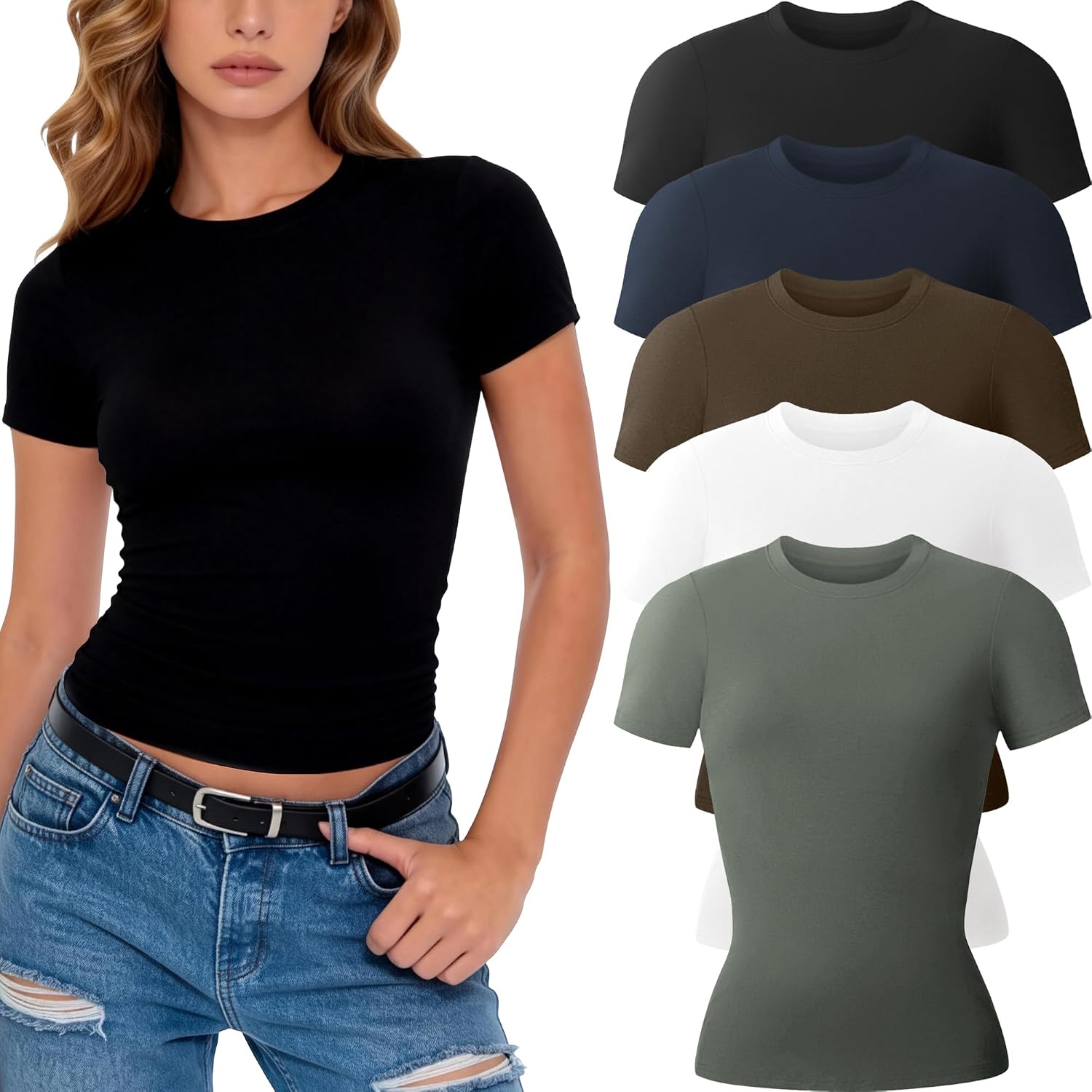Detalle de CE' CERDR Women's Crew-Neck T-Shirts, Fitted Stretch Short-Sleeve Tops