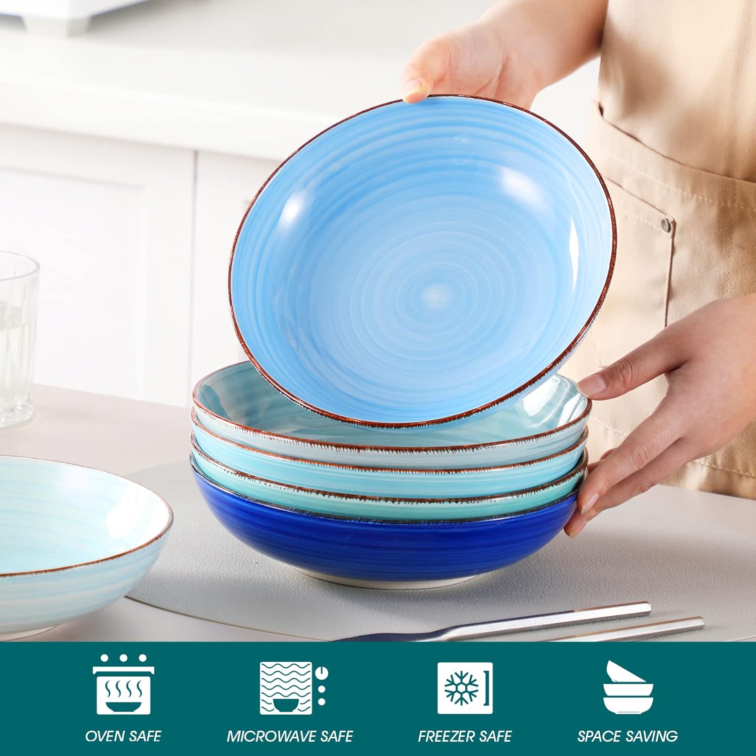 Detalle 2 de vancasso Bonita 38 oz Ceramic Pasta Bowls Set of 6 (Blue) — Microwave & Dishwasher Safe