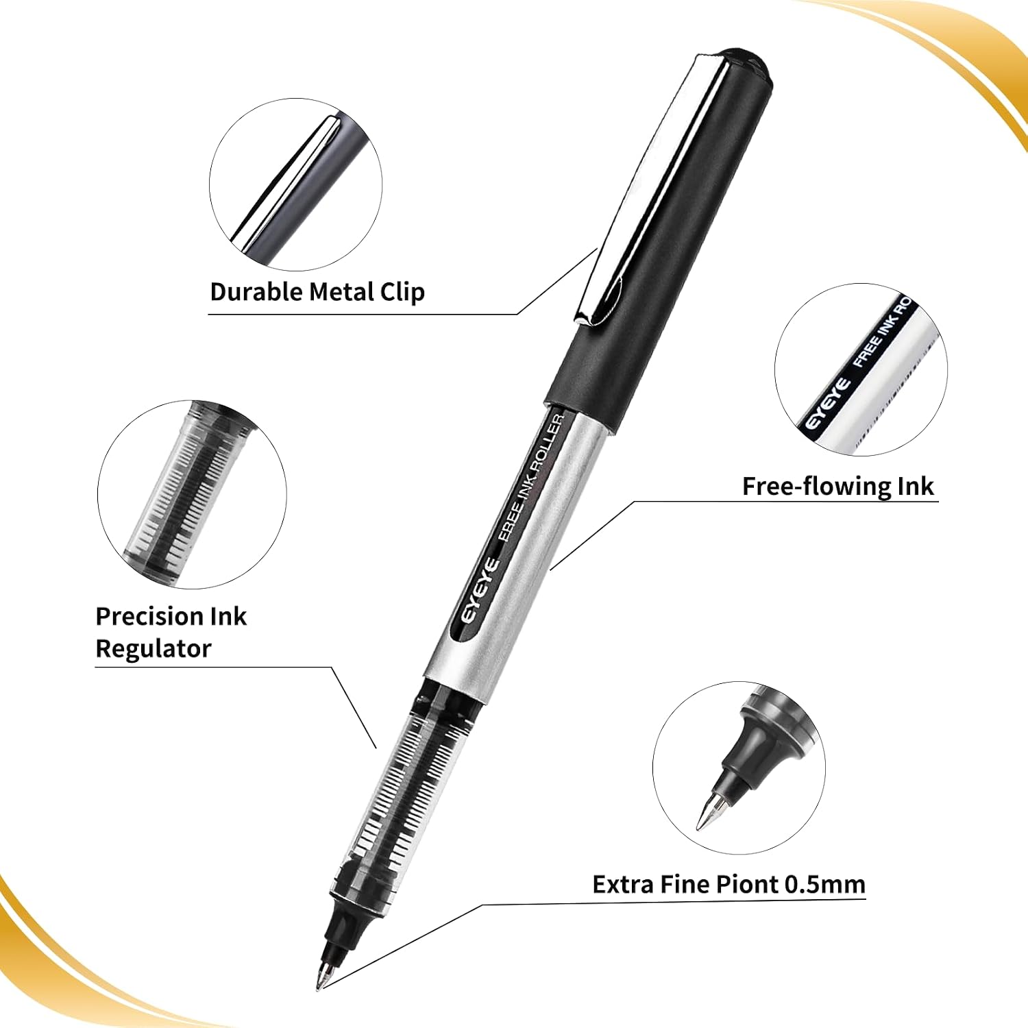 Thumbnail 3 de EYEYE Black Rollerball Pens 12 Pack – 0.7mm Medium Point, Quick-Dry Liquid Ink for Smooth Writing