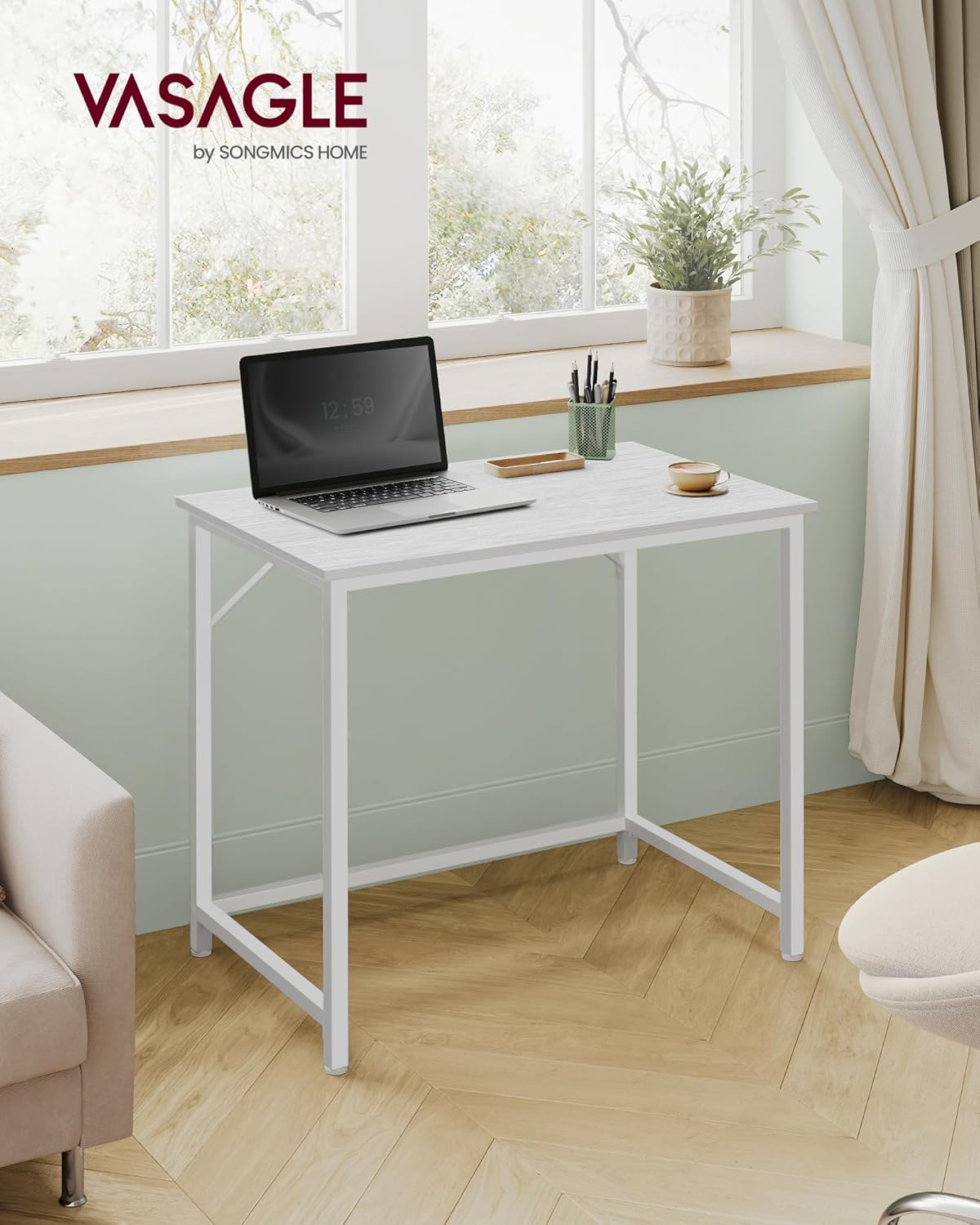 Thumbnail 1 de VASAGLE Scrivania per computer LWD038W44 50x80 cm, bianco acciaio e bianco nuvola