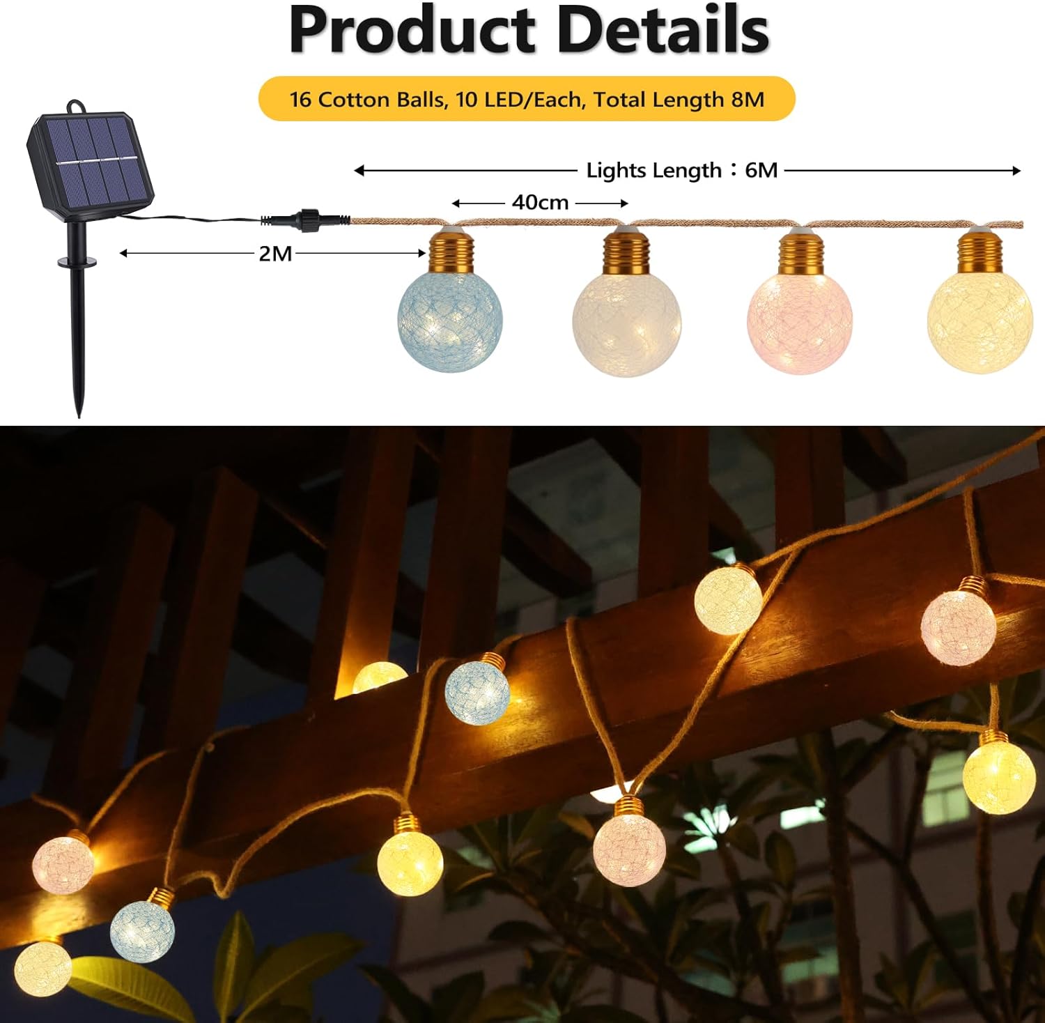 Thumbnail 4 de Qedertek Solar Lichterkette außen wetterfest, 6 m mit 16 Cotton Balls & 160 LEDs (warmweiß)