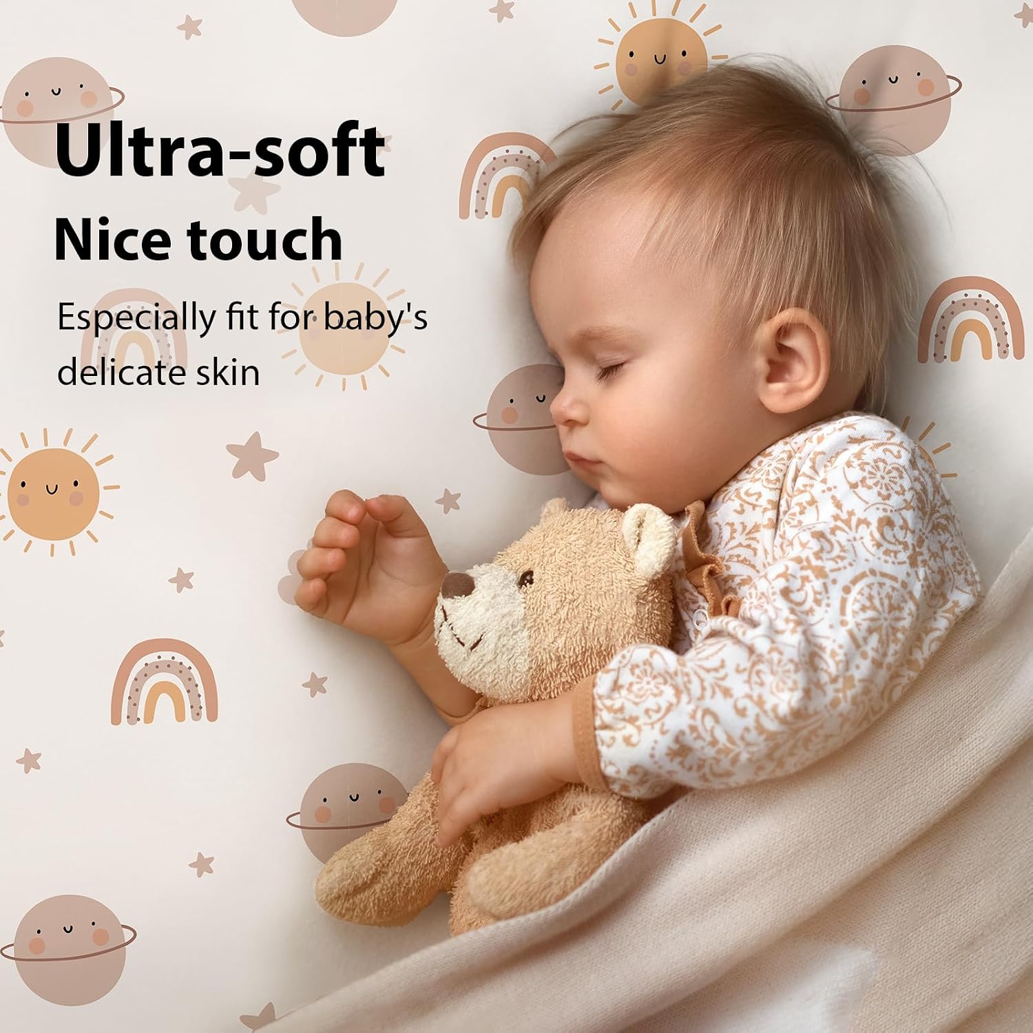 Detalle 2 de FIEMOL Baby Spannbettlaken 60x120 cm (3er-Set) aus Mikrofaser – orange Sonne Regenbogen