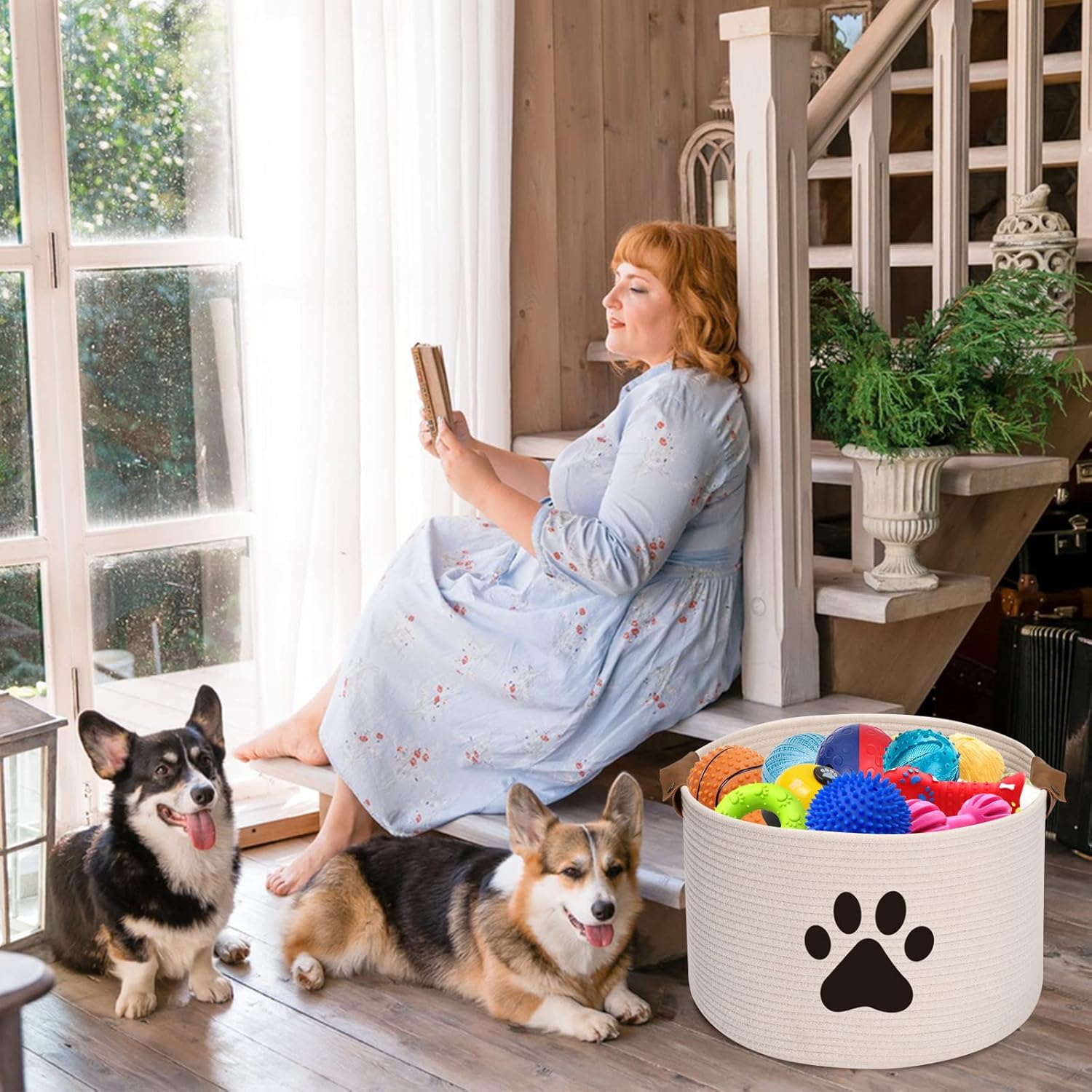 Thumbnail 6 de Morezi large beige cotton pet toy storage basket with handles (40cm D x 27cm H)