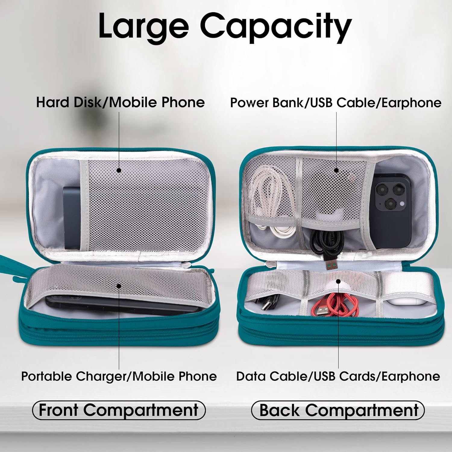 Detalle de Arae Electronic Accessories Organizer Bag (Dark Green, S) for Cables, USBs and Chargers