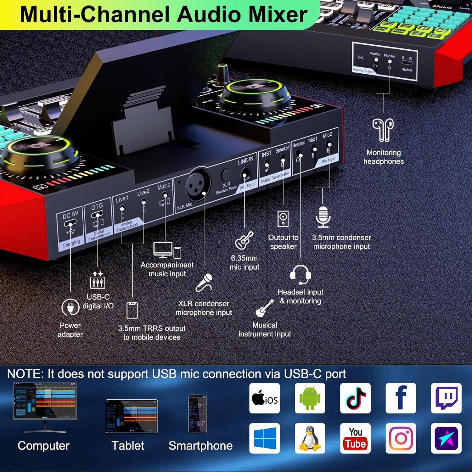 Detalle 2 de Kinetheon G10-P15B Podcast Mixer and Microphone Bundle with Voice Effects