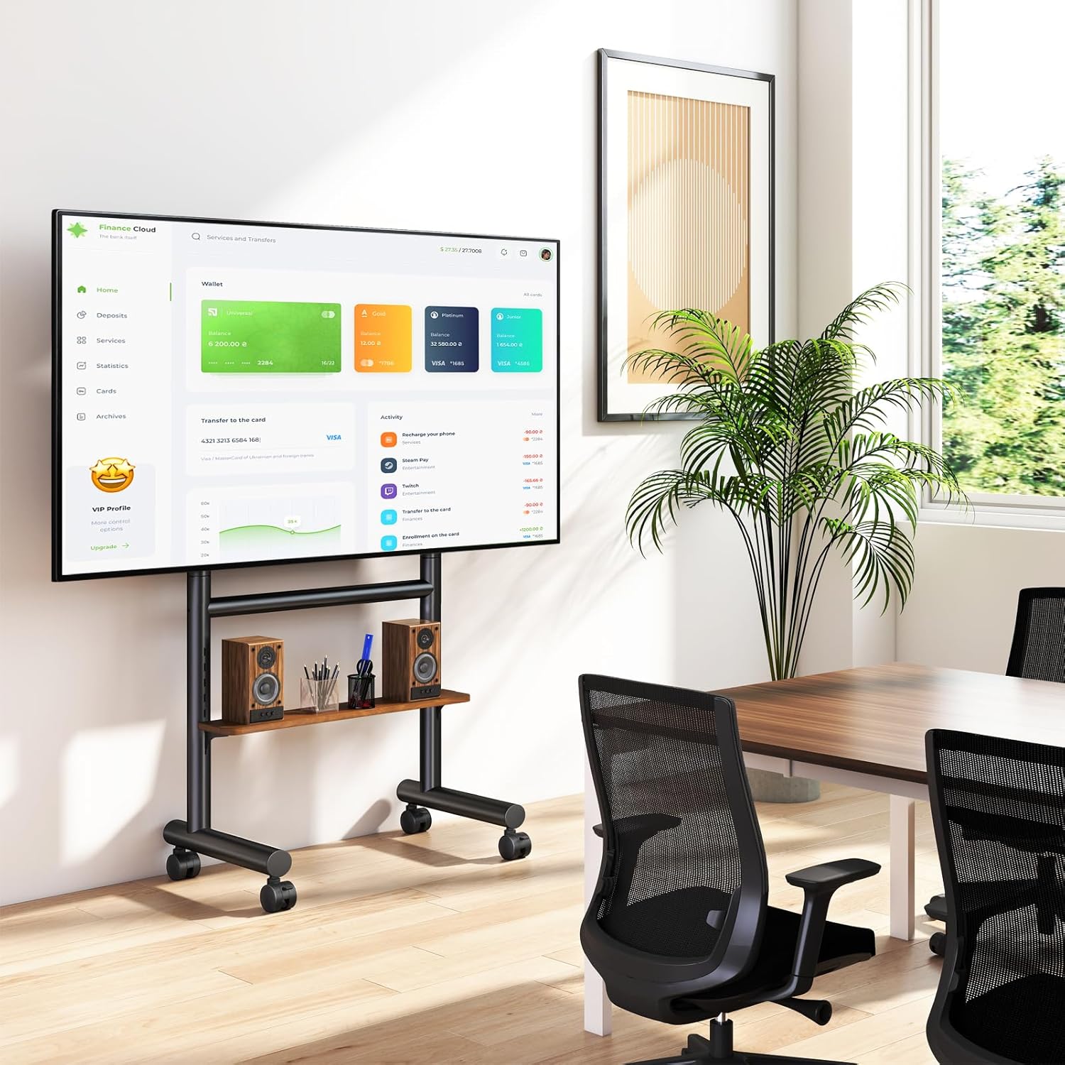 Thumbnail 6 de Support TV mobile 5Rcom sur roulettes (40 à 85 pouces) avec étagère et 60 kg – cadre noir