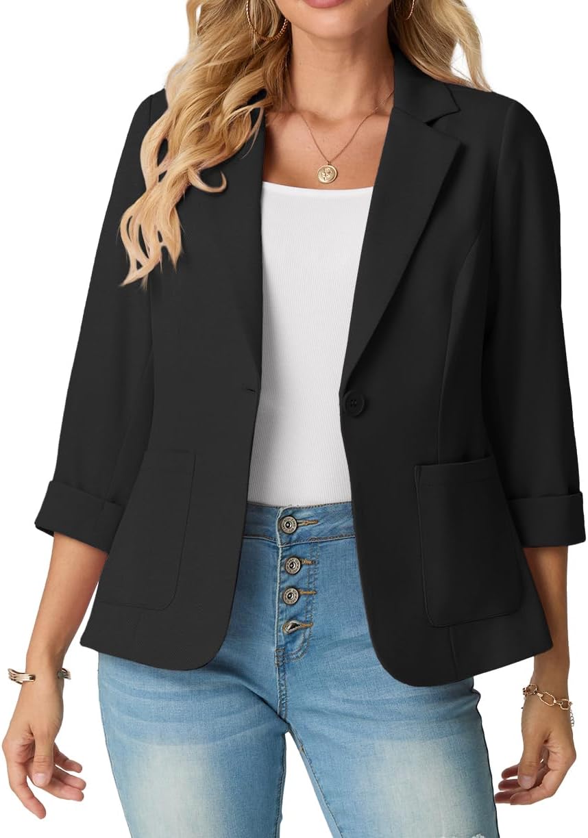Detalle de GRECERELLE Women's 3/4-Sleeve Blazer with Padded Shoulders and Pockets