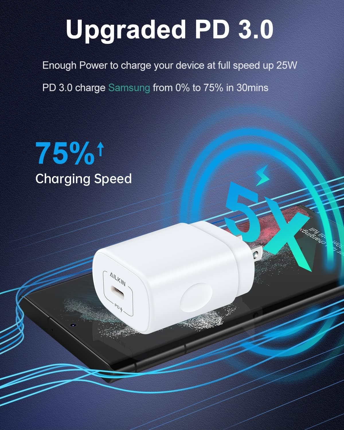 Detalle de AILKIN 25W USB-C Wall Charger, Single-Port Fast Charging, White