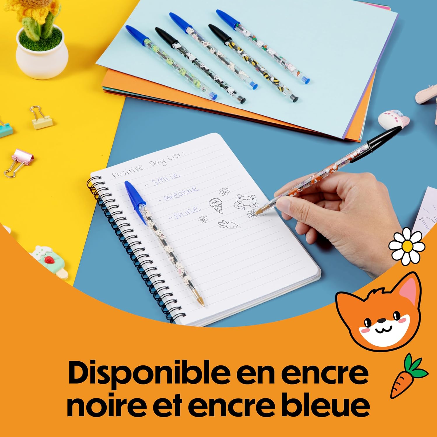 Detalle de BIC Cristal Décors Kawaii – Stylos-bille à pointe moyenne (1,00 mm), Bleu et Noir, Pack de 8