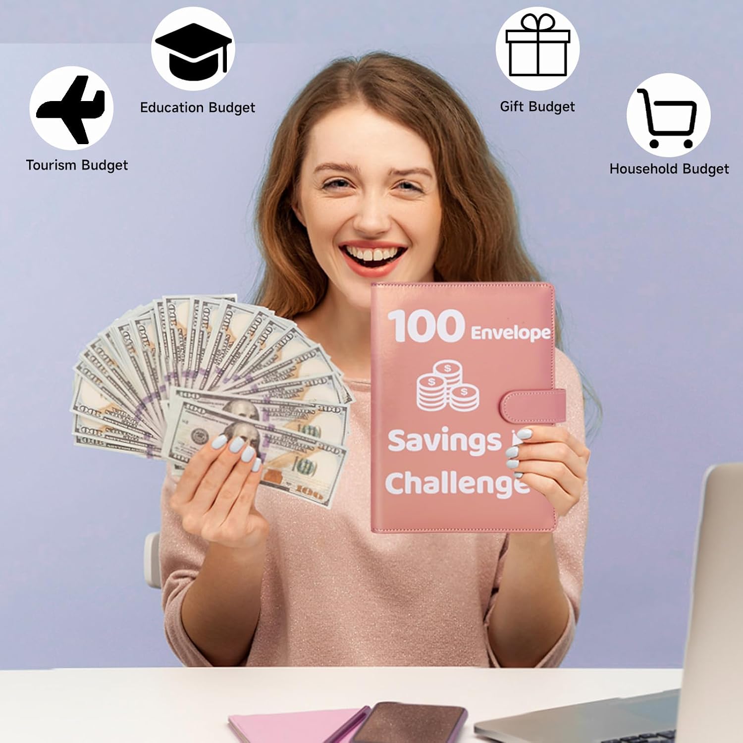 Detalle 2 de DuyaJoinX 100 Day Money Savings Challenge Binder, Rose Gold A5 with Cash Envelopes