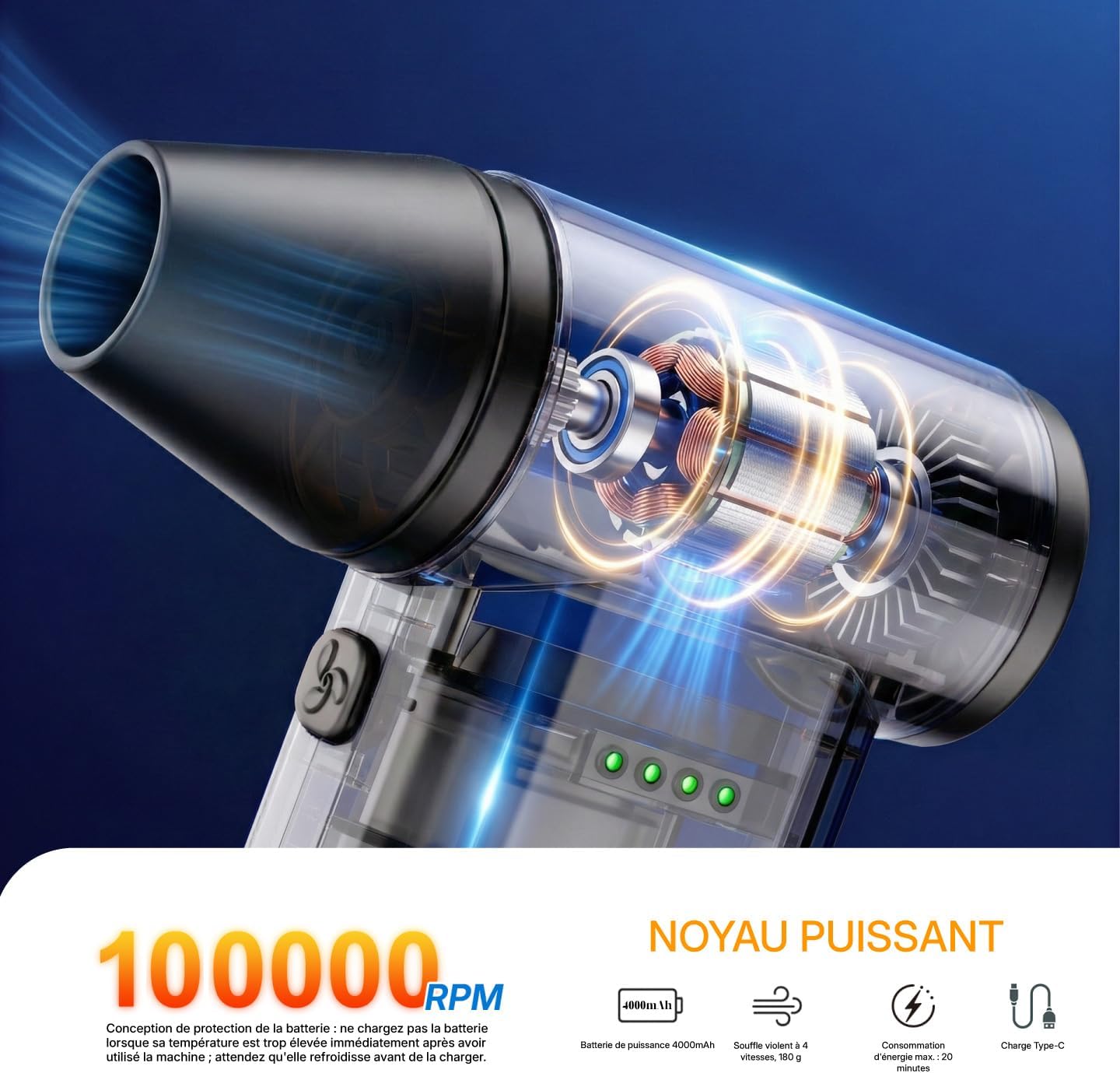 Thumbnail 6 de fourq Souffleur d’air comprimé électrique 110000RPM (noir) — nettoyeur clavier sans fil rechargeable USB