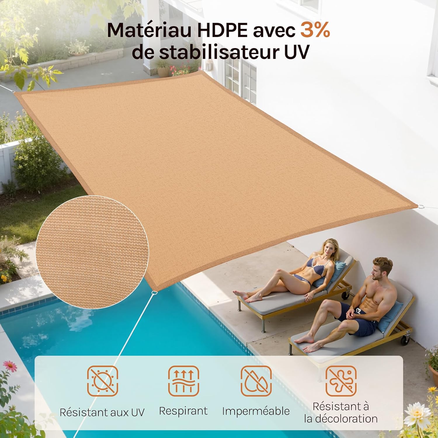 Thumbnail 4 de WOLTU Voile d’ombrage rectangulaire 2x4 m HDPE respirante – protection solaire anti-UV 85%