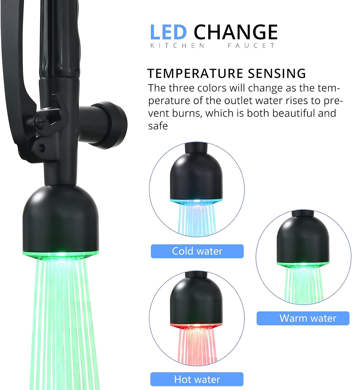 Detalle de Fapully DFA-5006B Kitchen Faucet, Matte Black Stainless Steel with LED Sprayer