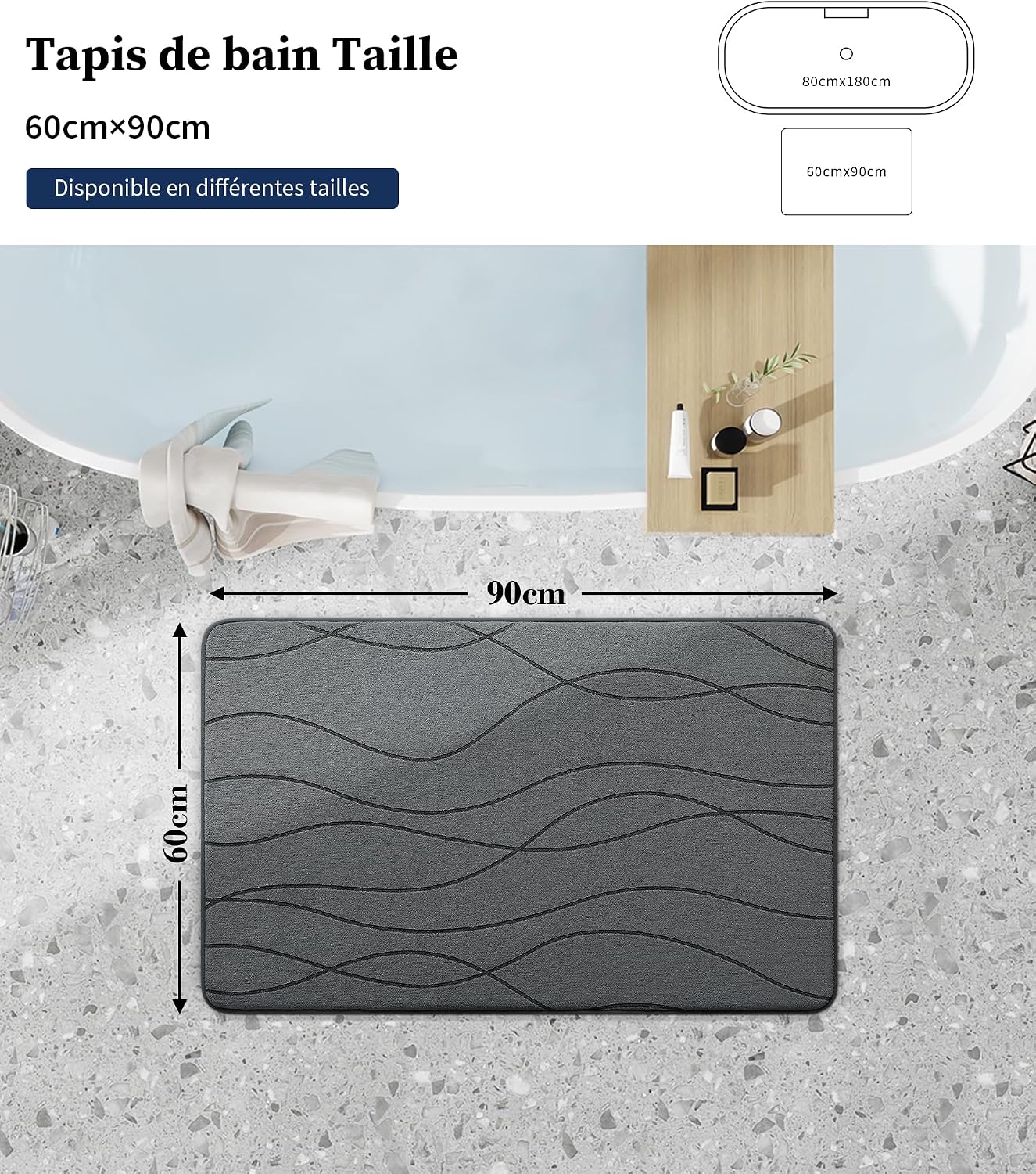 Detalle de Chakme Badezimmerteppich Memoryschaum 60x90 cm dunkelgrau – rutschfeste, waschbare Badematte