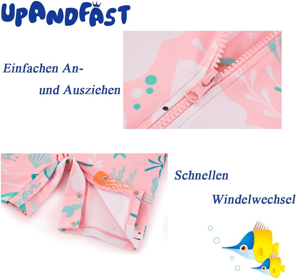 Detalle de upandfast Baby Badeanzug mit Knöpfen UV Schutz für Mädchen – bequem, praktisch und sicher am Strand