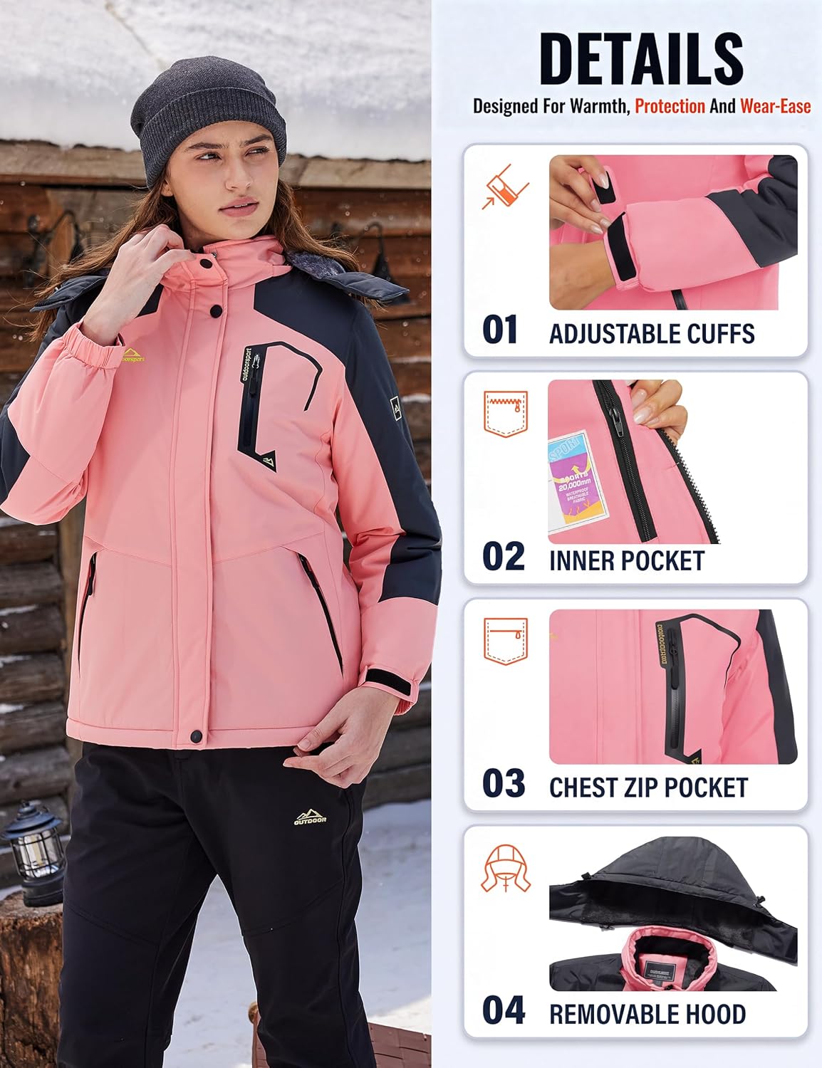 Thumbnail 4 de TACVASEN Women’s Winter Ski Jacket, Waterproof with Fleece-Lined Hood and 4 Zipper Pockets