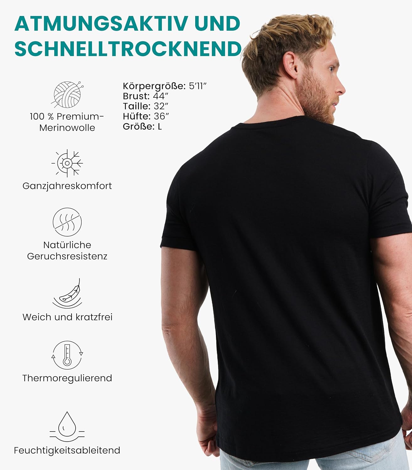 Detalle de 100% Merino T-Shirt Herren Kurzarm – Lightweight Merino Wolle Sportshirt
