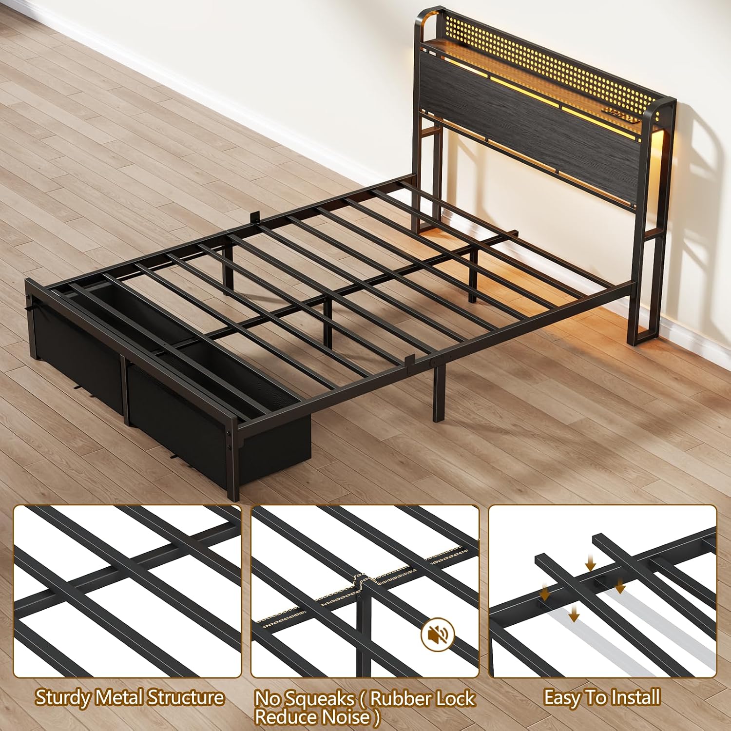 Thumbnail 5 de Furnulem HK-BF-001CLD-F-1-RG Full Bed Frame with Storage, Charging & RGB LEDs