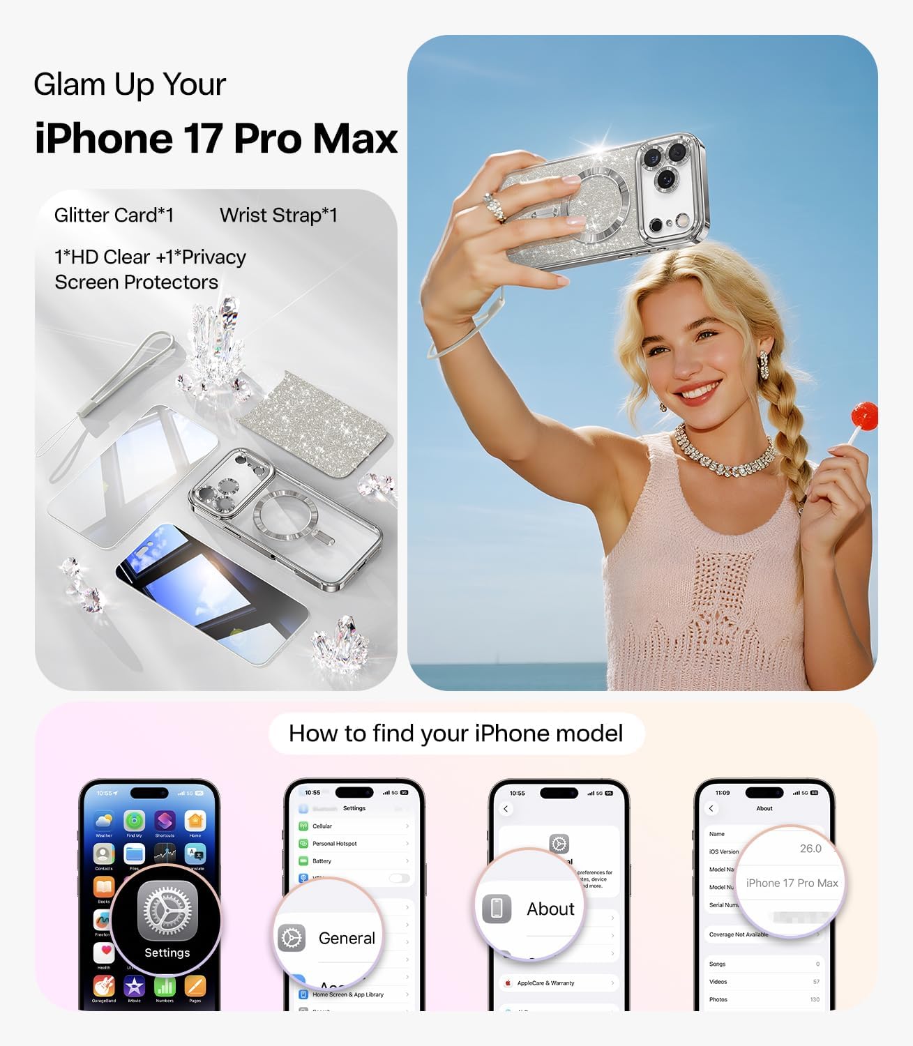Thumbnail 1 de Meifigno for iPhone 17 Pro Max Case 6.9" with Glitter Card, Wrist Strap, and MagSafe Compatibility