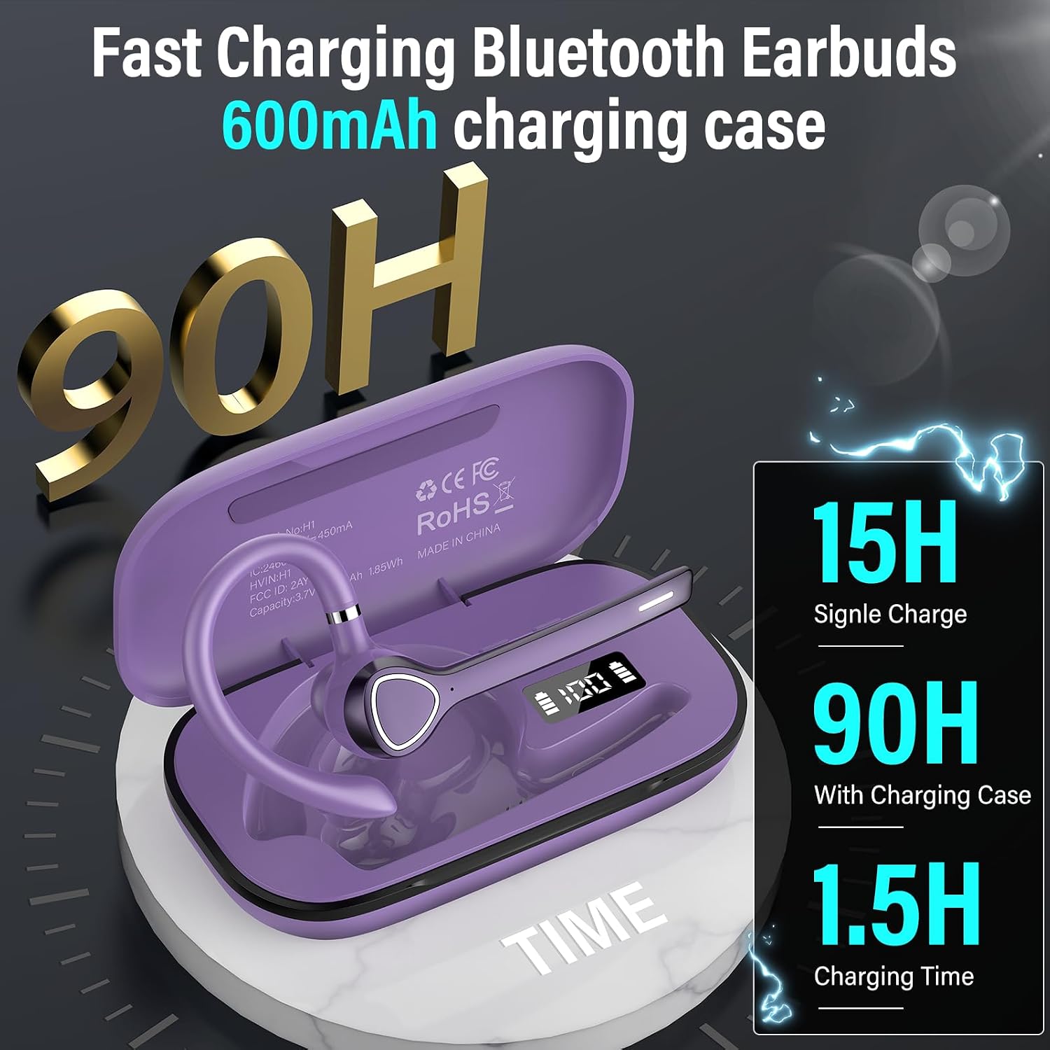 Detalle de VOTAZIB Bluetooth Headset V5.4 – Dual-Mikrofon, 90h Laufzeit, ENC+CVC 8.0, IPX7, zwei Geräte, lila