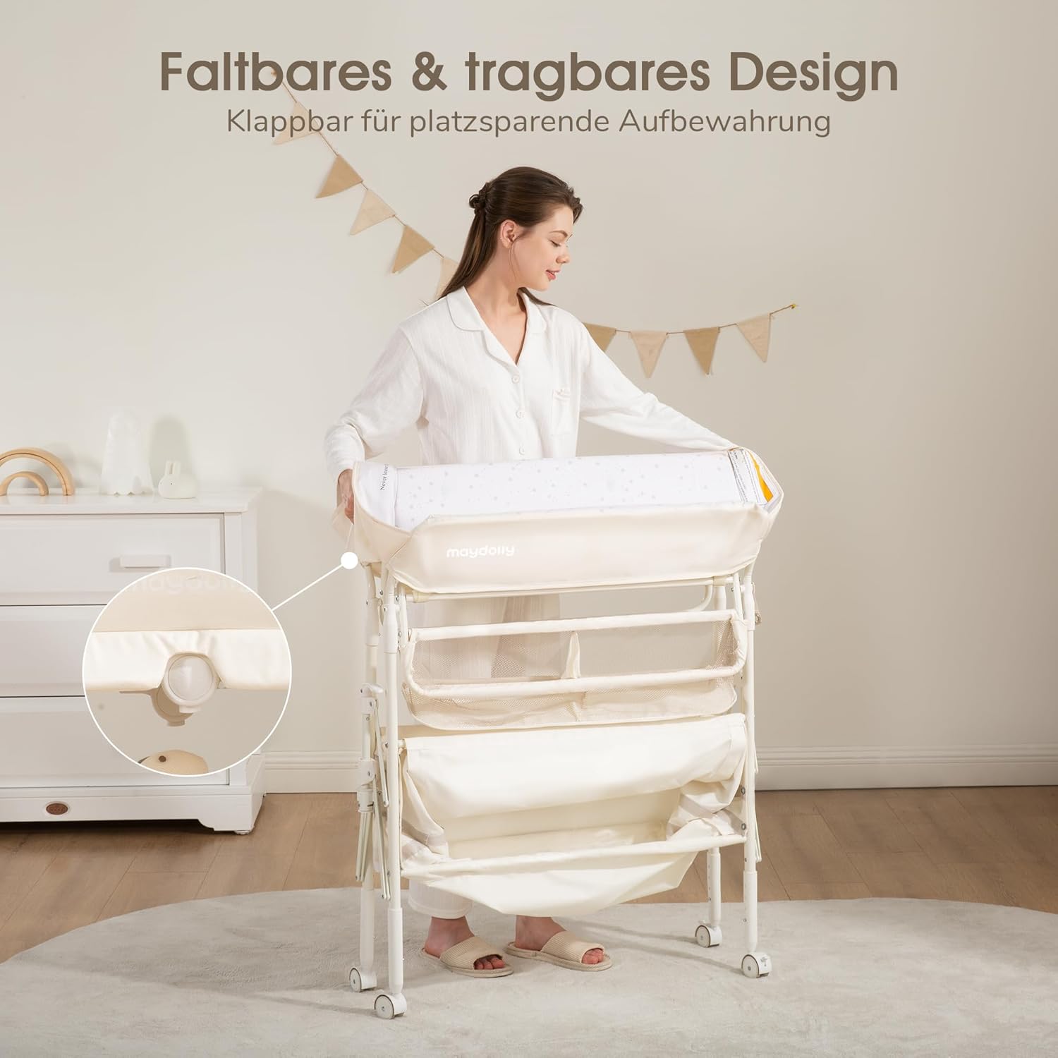 Detalle de Maydolly tragbarer Wickeltisch – faltbar, höhenverstellbar mit Rollen und Stauraum (beige)