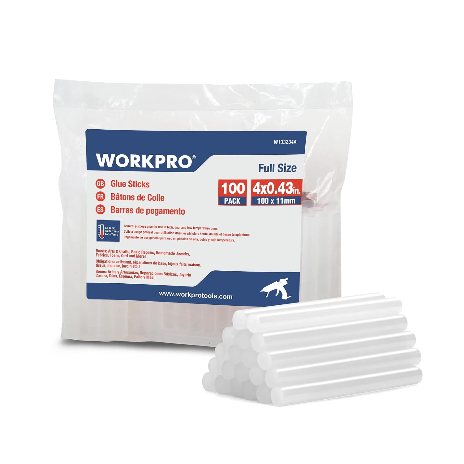 Detalle de WORKPRO 100 bastoncini di colla a caldo da 11 mm (trasparenti) per pistola a caldo universale