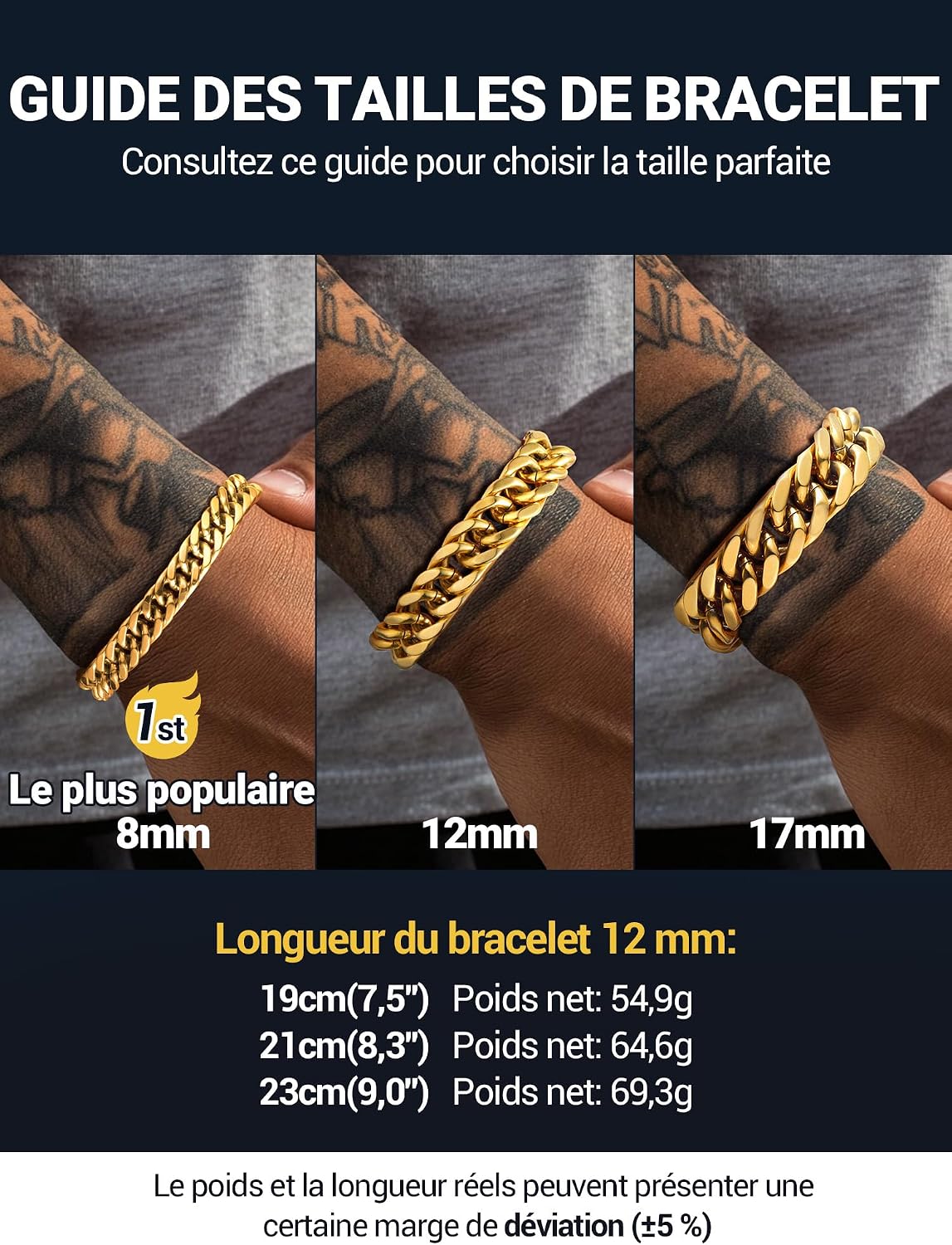 Thumbnail 4 de PROSTEEL Gourmette homme en acier inoxydable 316L (19 cm) en plaqué or jaune/noir, maillons 8/12/17 mm
