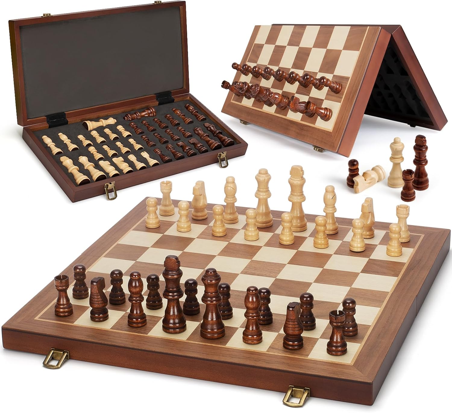 Detalle de Magnetic Wooden Chess Set: 15" Folding Travel Board with 2 Extra Queens