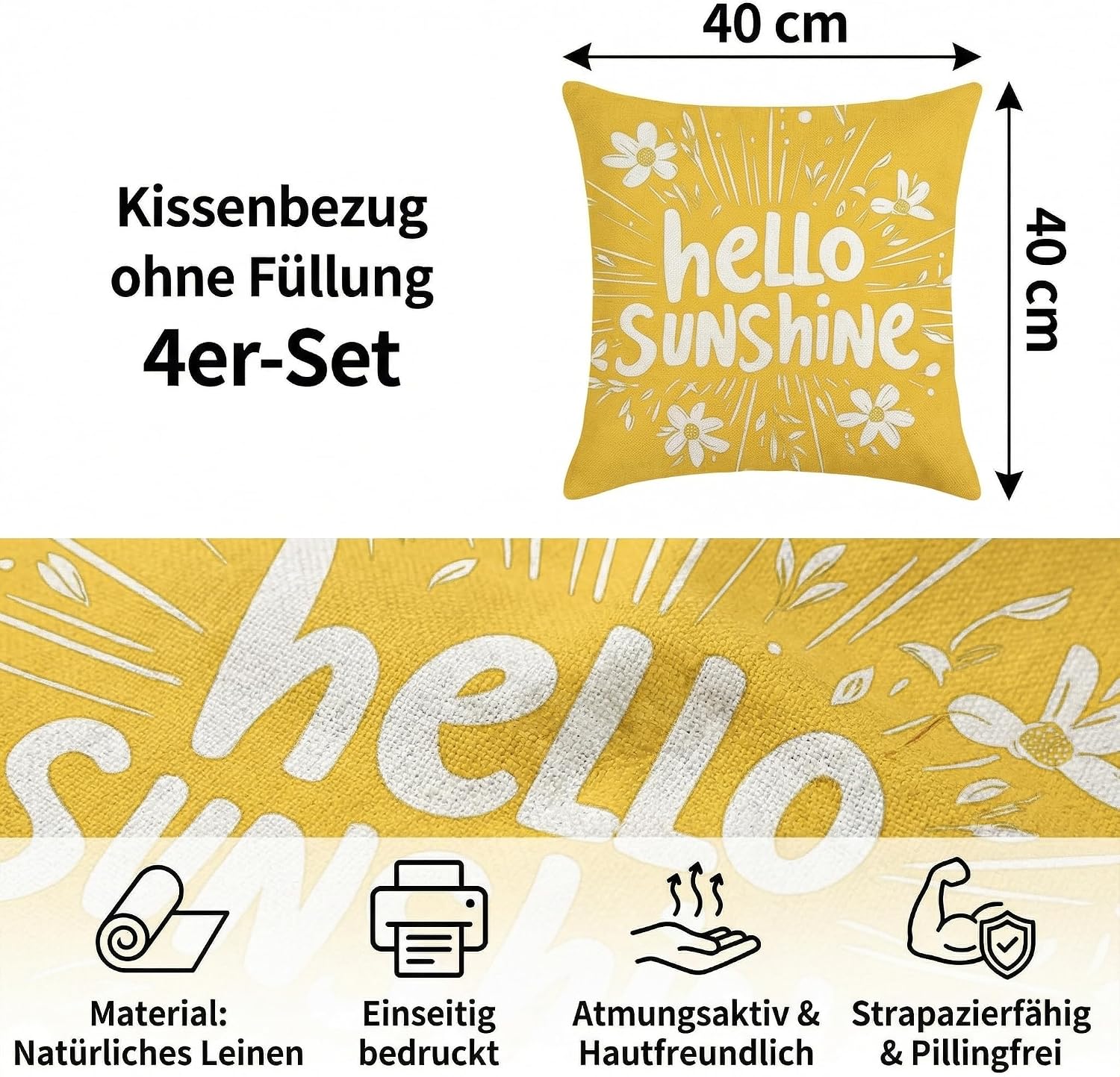 Detalle 2 de PVOODIRE Gelbe Kissenbezüge 40x40 cm – 4er Set aus Leinen mit Blumenmuster