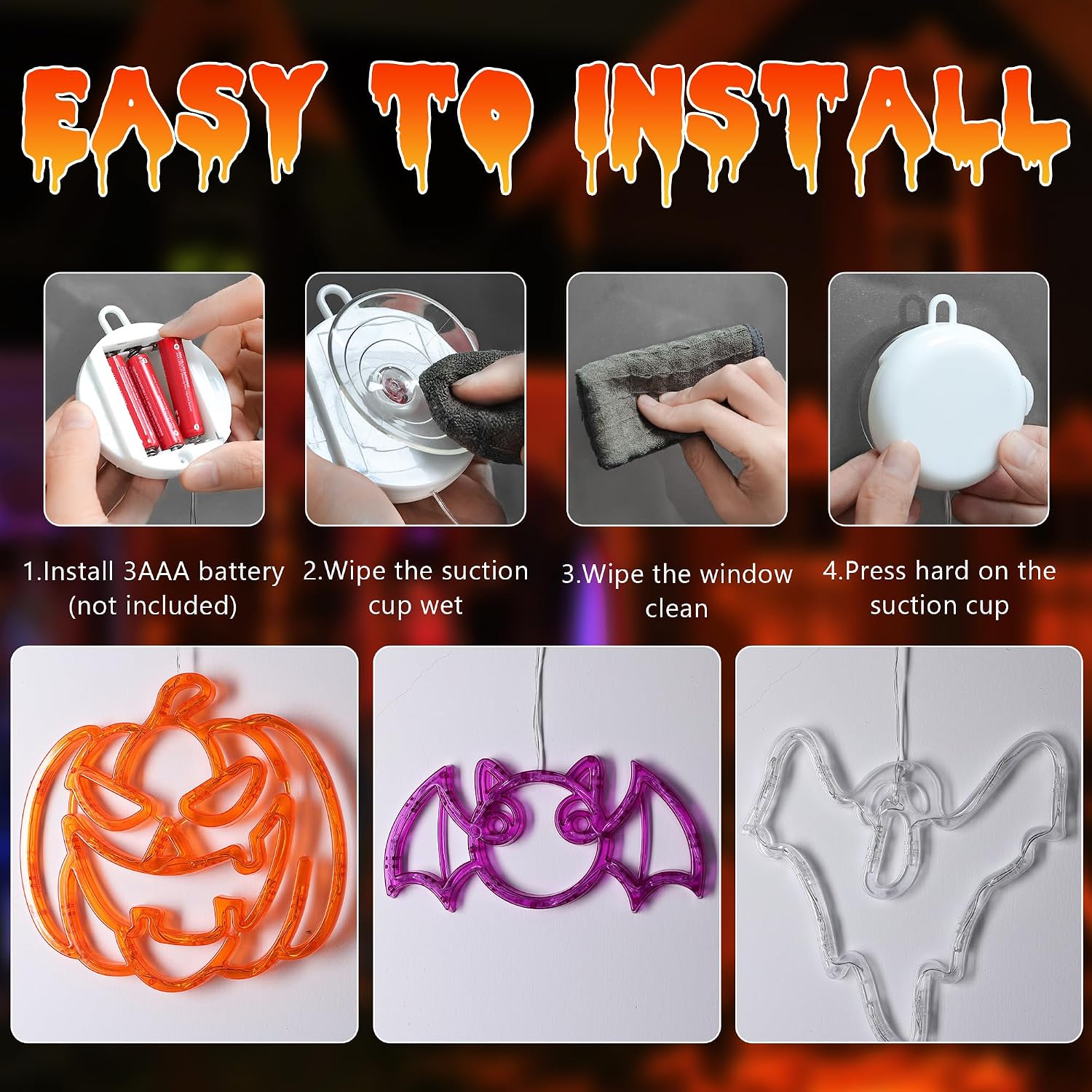 Detalle de Joomer Halloween Window Lights, 3-Pack with Ghost, Bat and Pumpkin Designs
