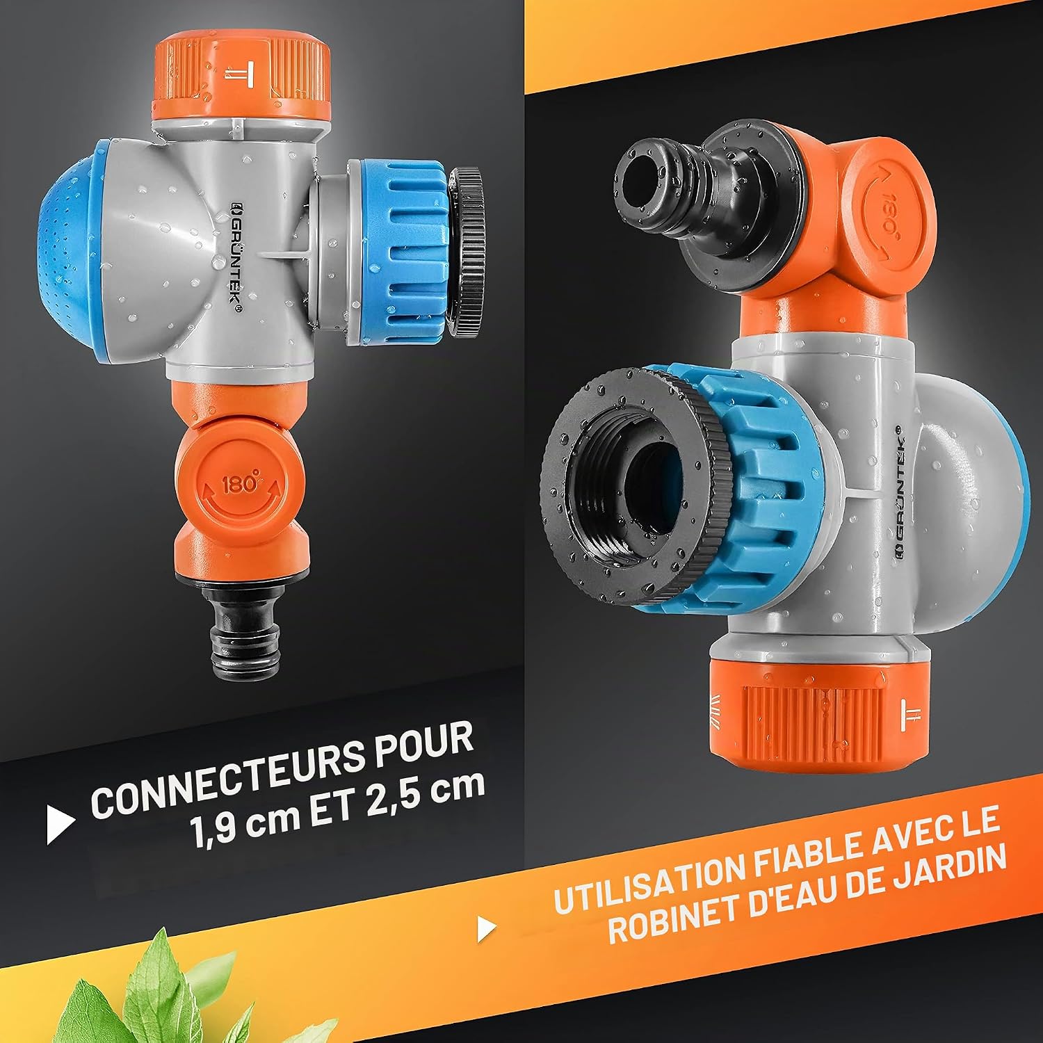 Detalle de GRÜNTEK Adaptateur Robinet/Raccord Tuyeux Arrosage avec 2 Jets orientables à 180°