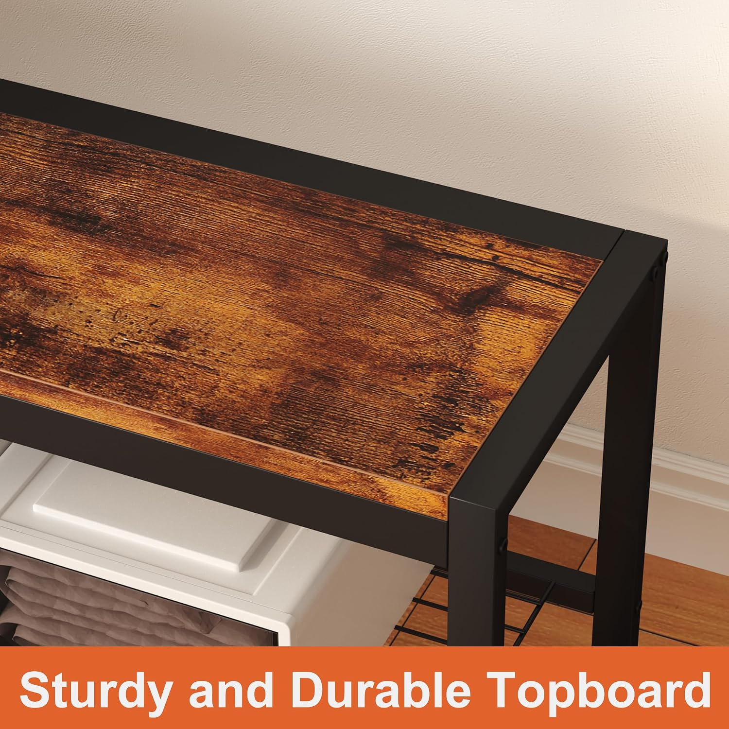 Detalle 2 de HOMEFORT HB-XD572-A-BBR03 Shoe Bench, Rustic Brown MDF Top and Metal Frame