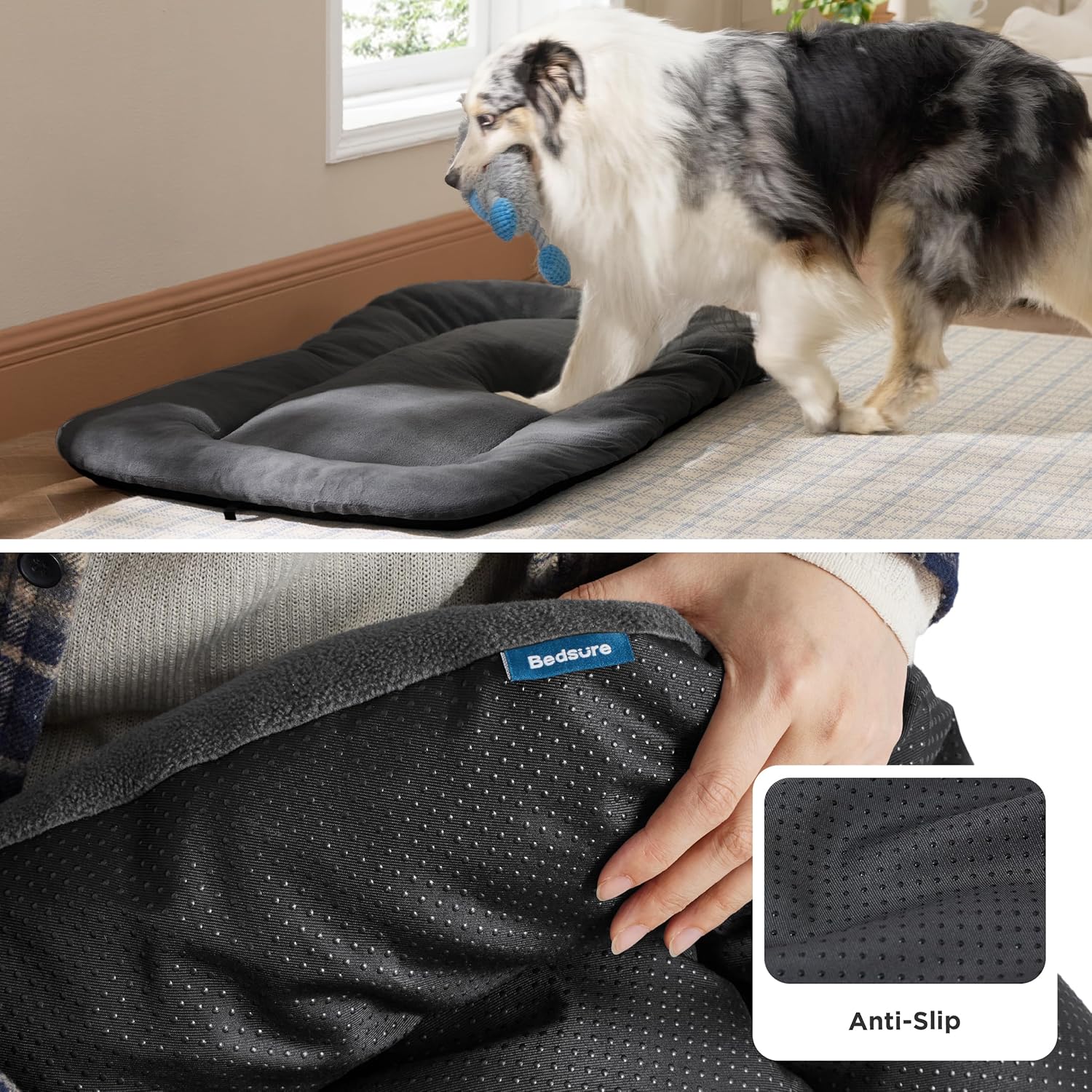 Detalle 2 de BEDSURE waschbares Hundekissen für mittelgroße Hunde (74x46 cm), dunkelgrau – rutschfeste Unterseite