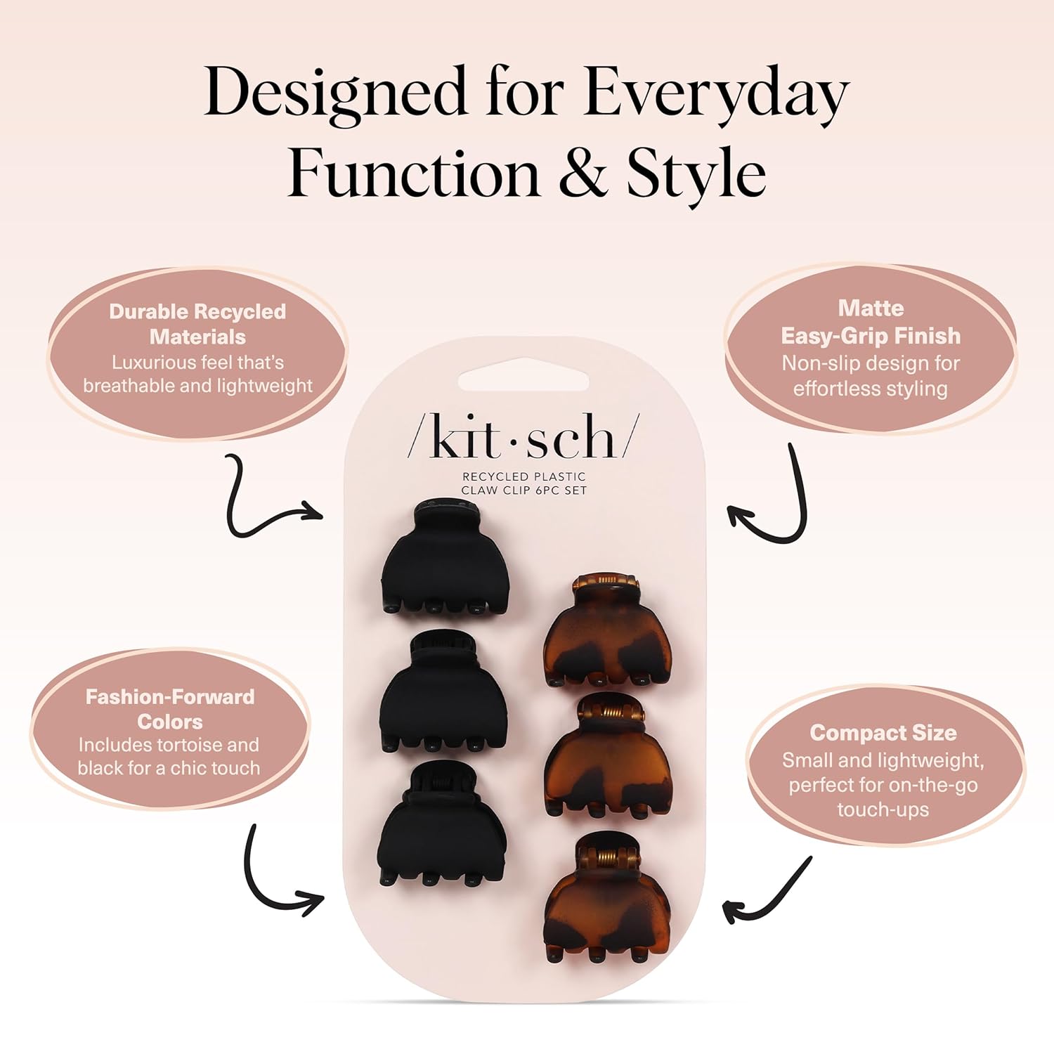 Detalle de Kitsch Mini Claw Clips (Tortoise & Black) — 6 Pack Small Hair Clips for Women & Kids