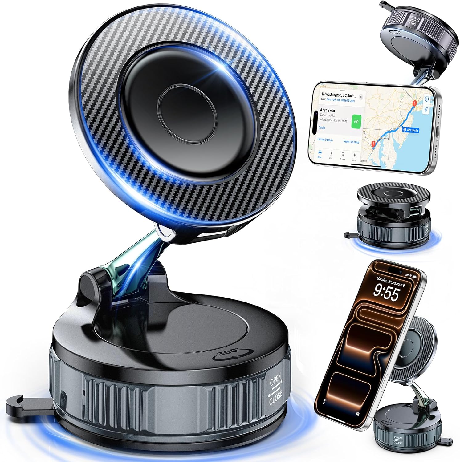 Detalle de Car Phone Holder for MagSafe with Carbon Fiber Look — 108LBS Vacuum Suction Mount, 360° Adjustable Magnetic Phone Mount
