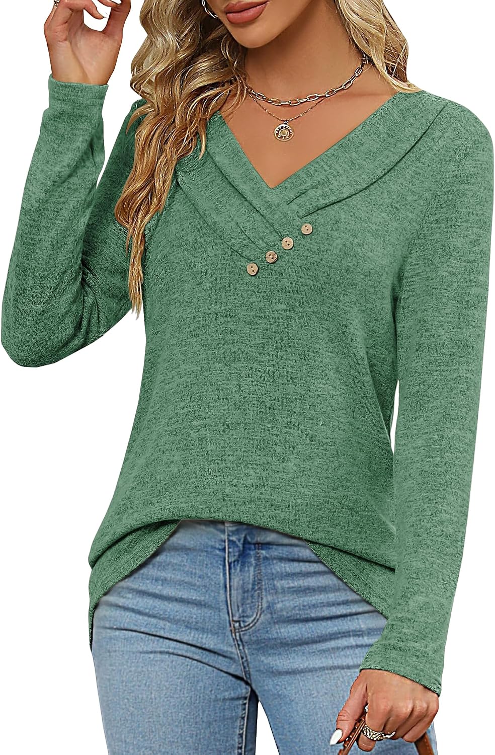 Thumbnail 4 de Cuptacc Damen Pullover Langarmshirt V-Ausschnitt Top mit Knopfleiste