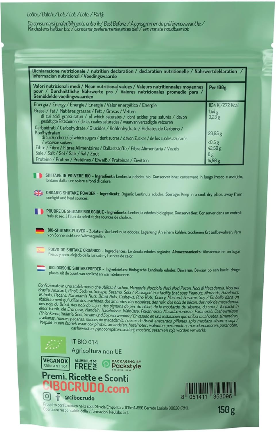 Thumbnail 1 de Fungo Shiitake in Polvere Biologica 150g (crudo, essiccato a basse temperature)