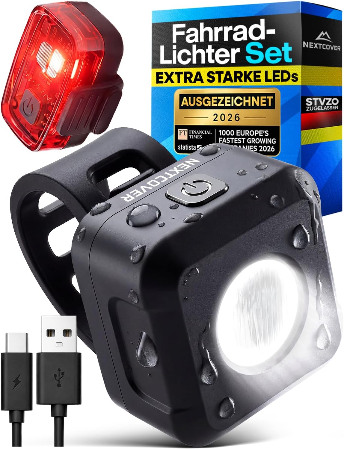 NEXTCOVER Fahrradlicht Set mit VisionOne LED – USB-C aufladbar, wasserdicht, StVZO-zugelassen