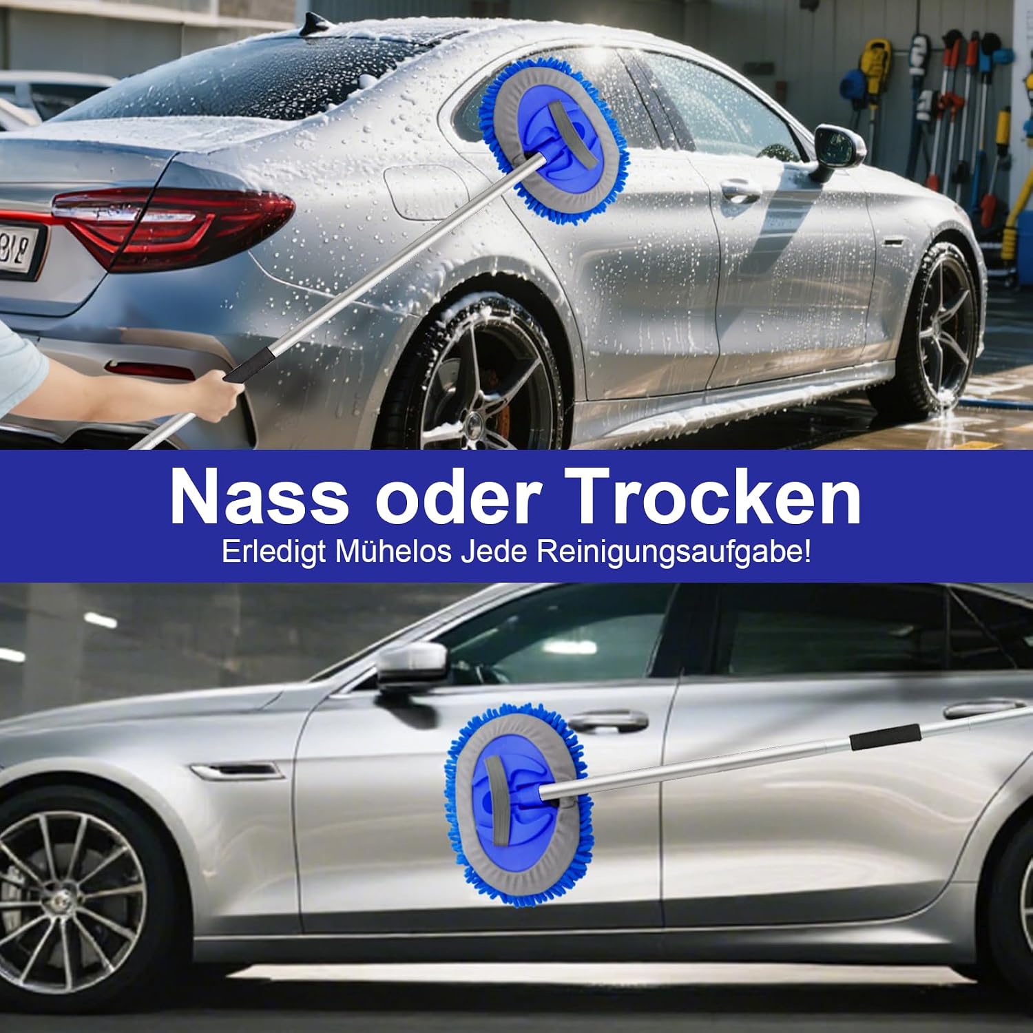 Thumbnail 6 de anngrowy Autowaschbürste mit Teleskopstiel (160 cm) und 4-fach ausziehbarem Griff – 180° drehbarer Mopkopf