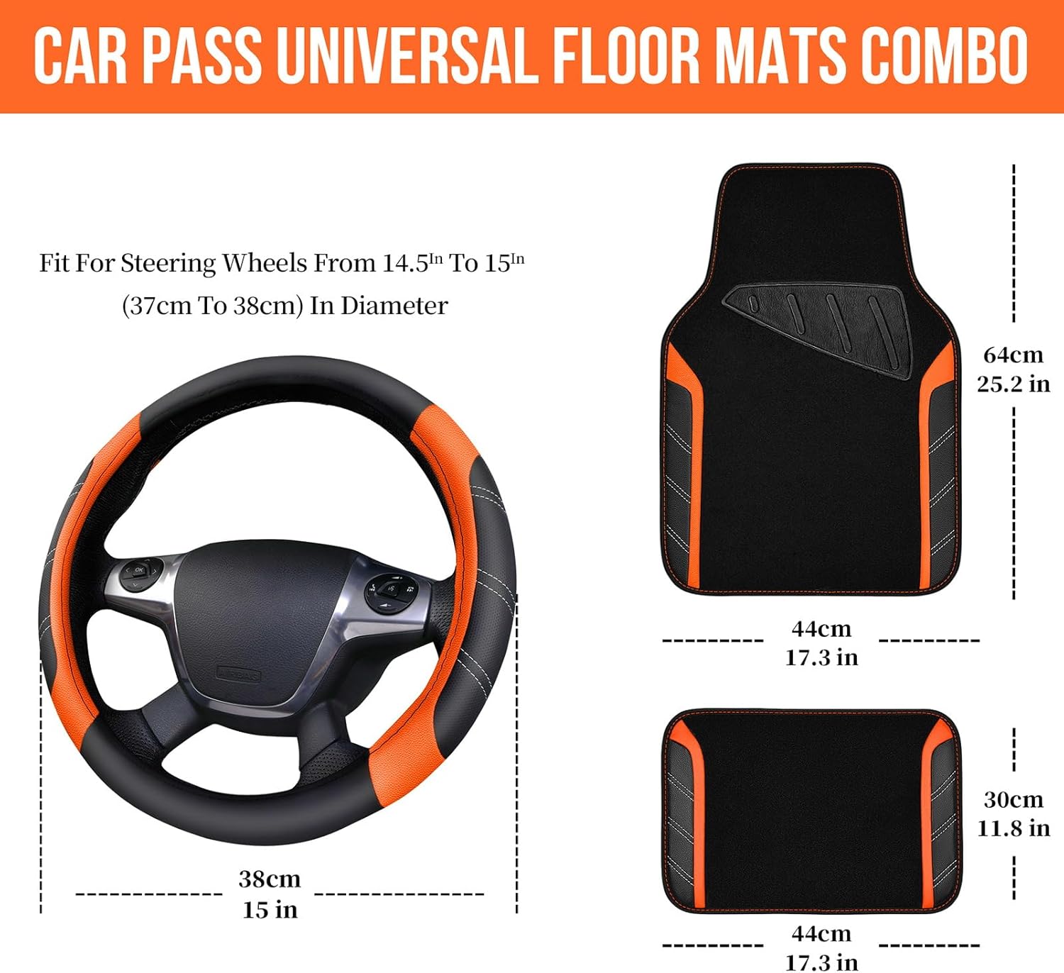 Thumbnail 1 de CAR PASS Leather Steering Wheel Cover and Waterproof Floor Mats Combo for 95% of Cars — 14.5–15 inch, Orange Sporty Lux Feel