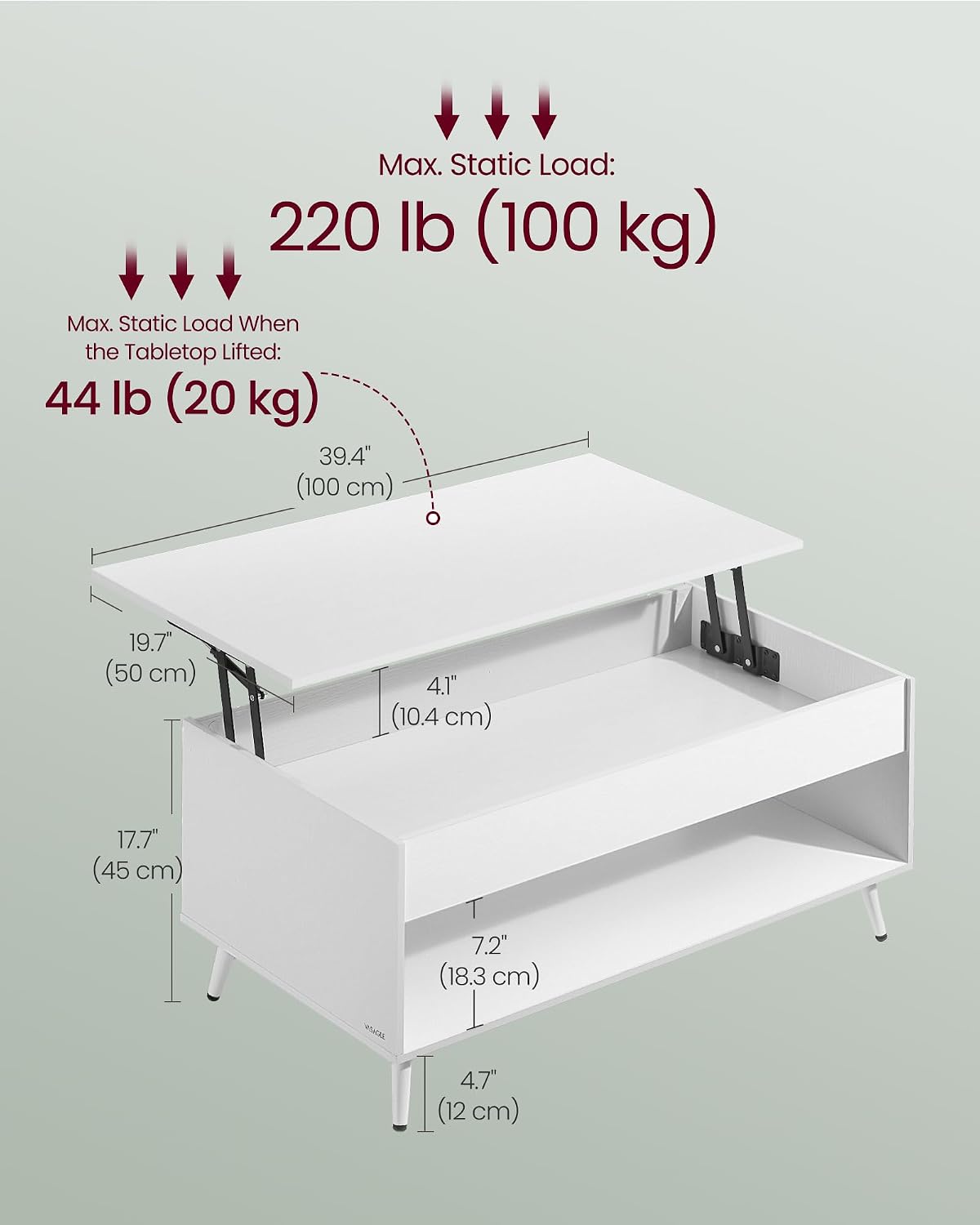 Detalle de VASAGLE LCT267WE01 Adjustable Coffee Table with Hidden Storage, Snow White