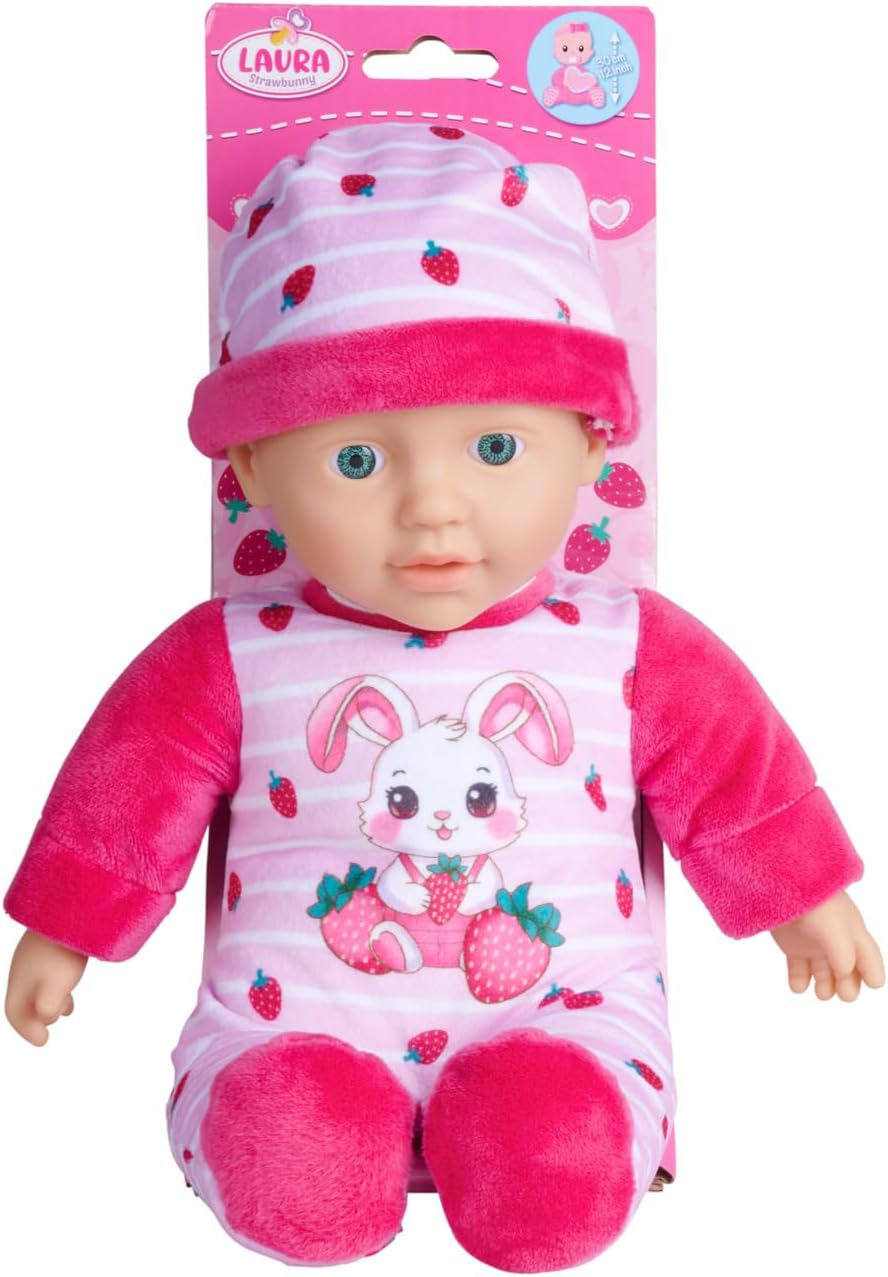 Detalle 1 de Simba Laura Strawbunny – Weichkörperpuppe (30 cm) mit Erdbeer-Strampler und Hasenohren
